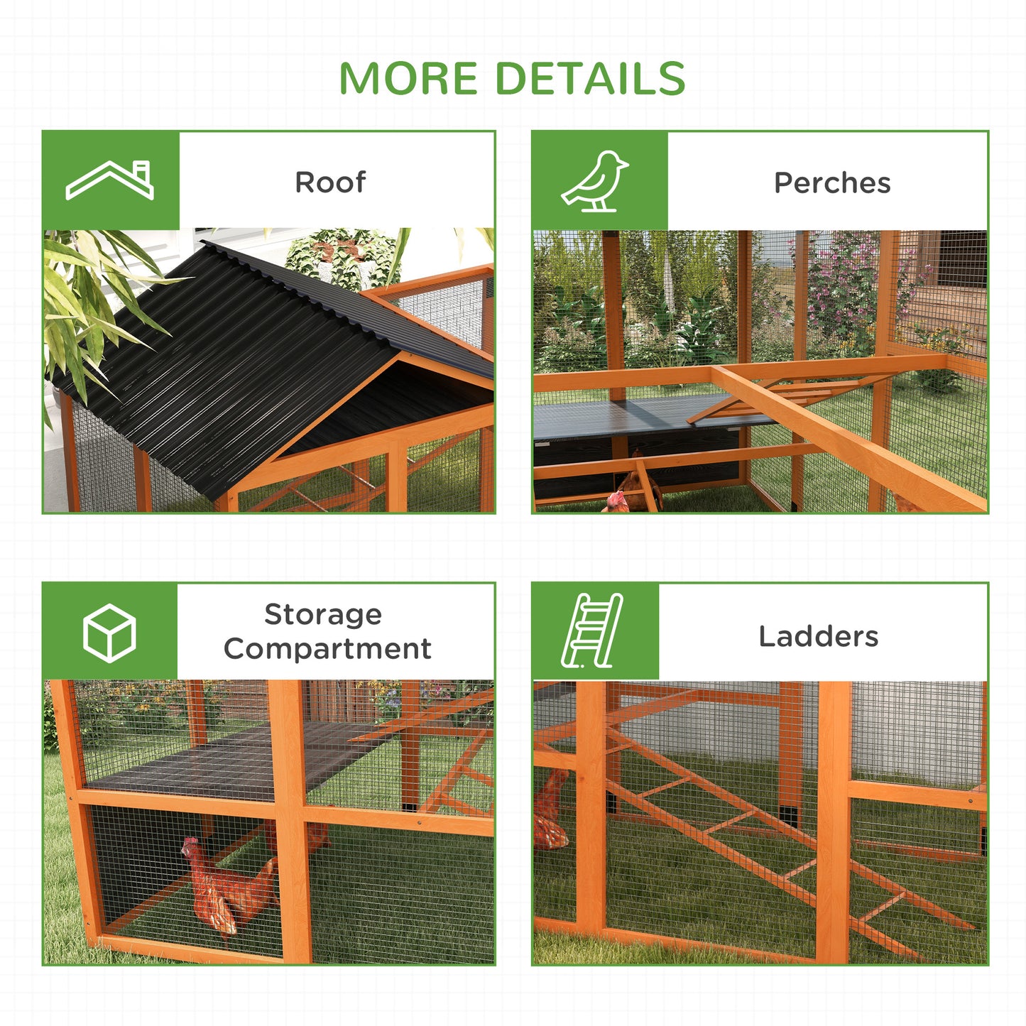 Wooden Chicken Coop Run for 6-10 Chickens with Storage and Perches - 141.75 x 48 x 61 inches, Orange