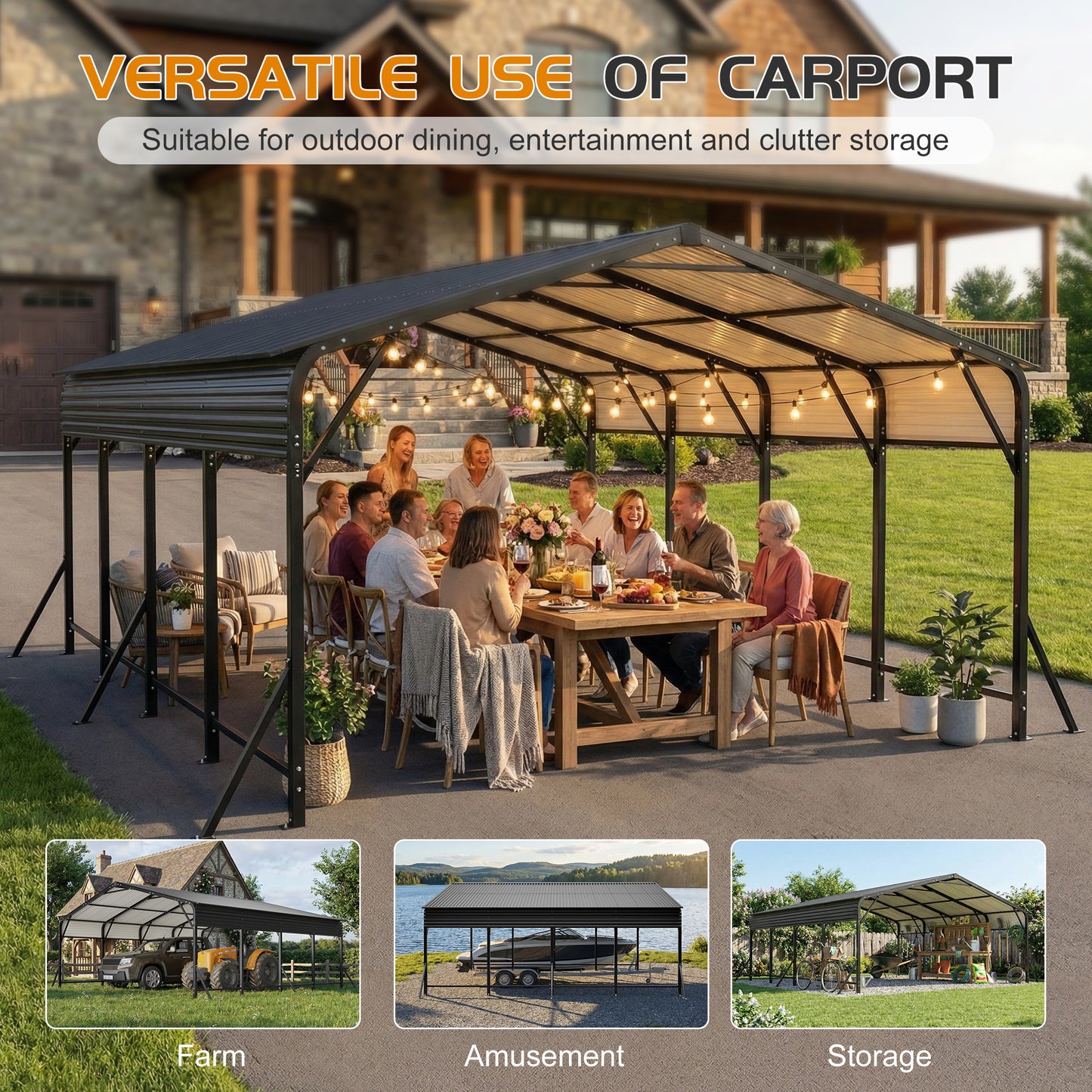 20'x20' Galvanized Steel Carport Canopy, Heavy Duty Triangle