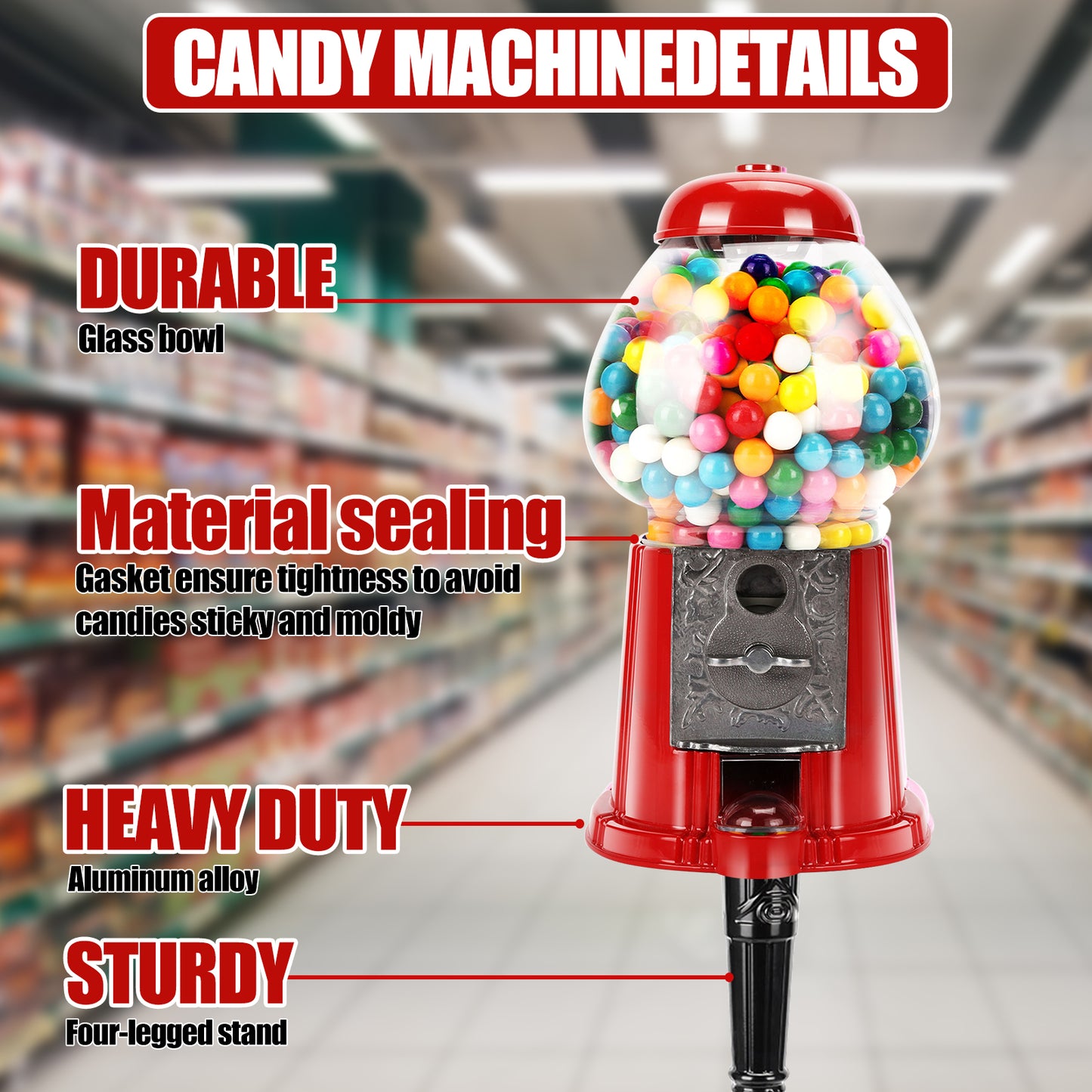 15-Inch Red Gumball Machine with Stand - Coin Operated Candy Dispenser