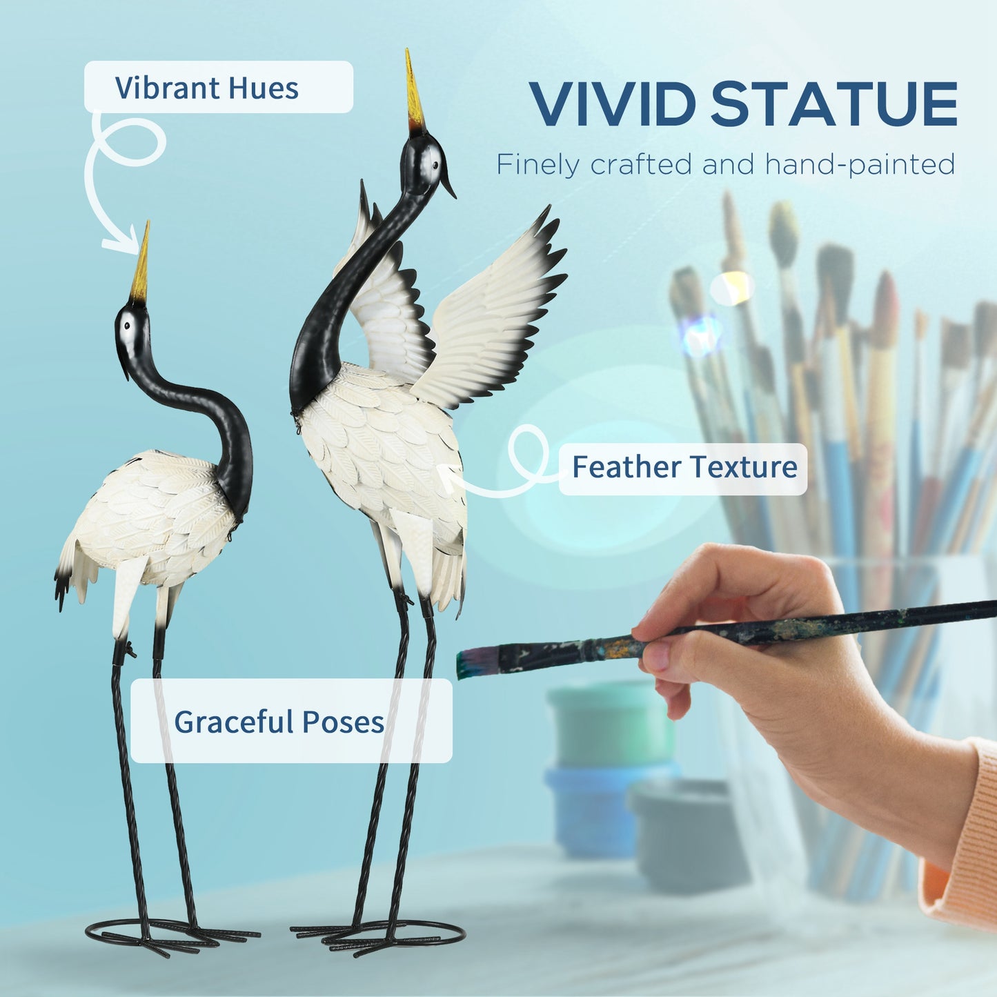 Set of 2 Heron Garden Statues - Black & White Lawn Sculptures