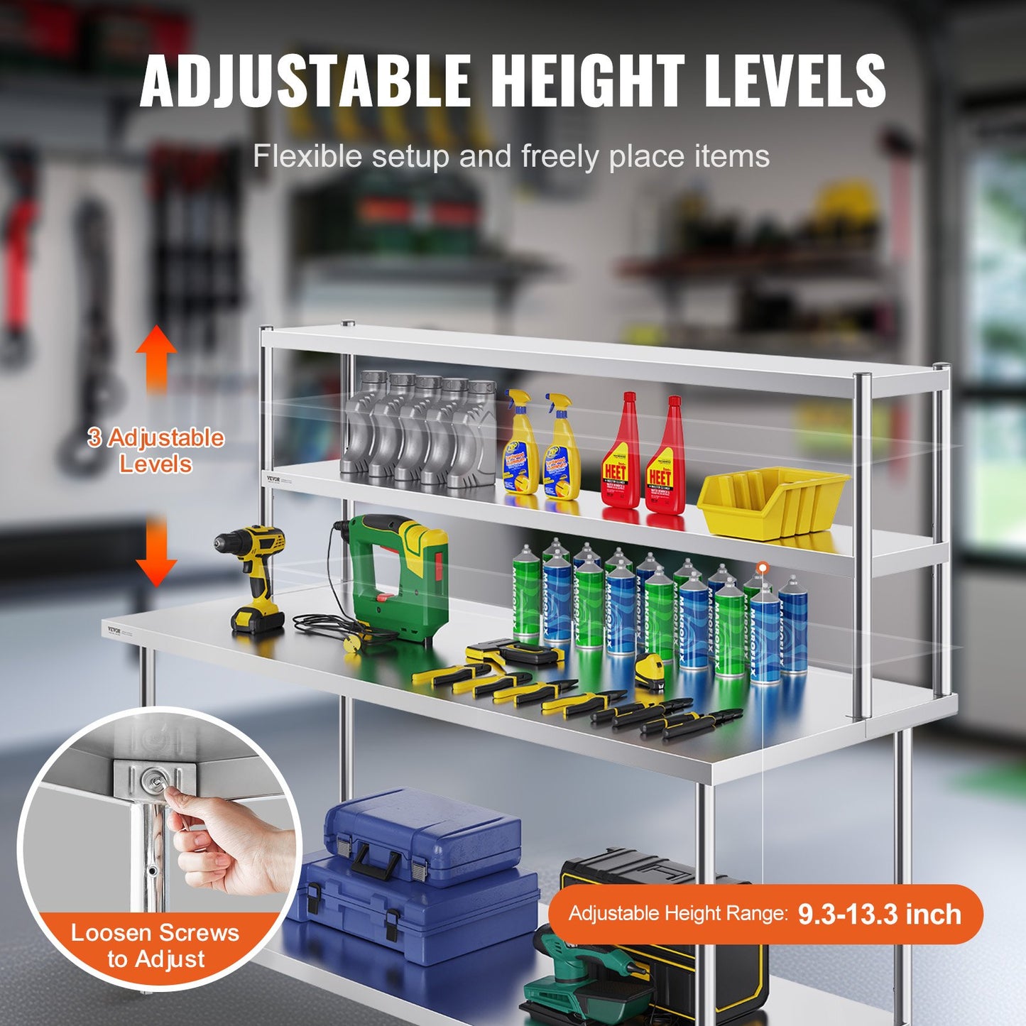 Double Tier Stainless Steel Overshelf - 12 x 72 Inch, Adjustable Height