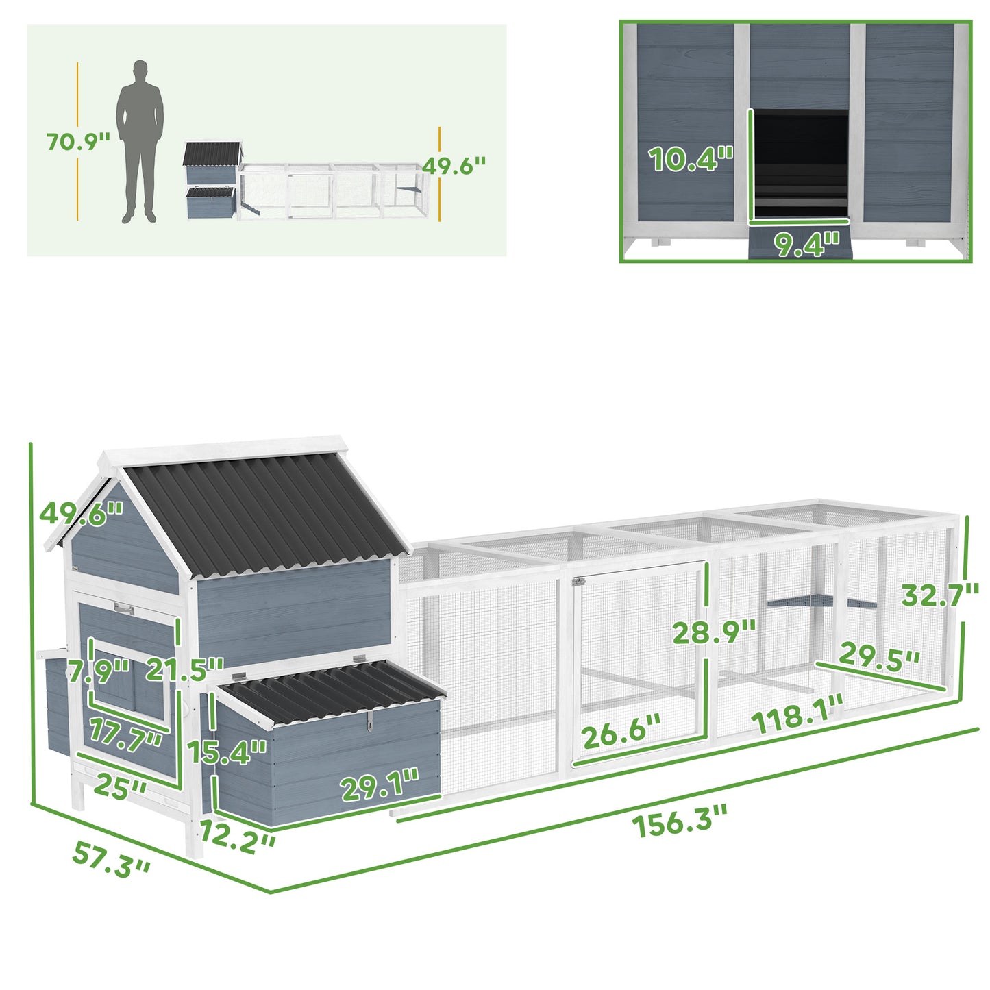 Large Wooden Chicken Coop with Nesting Boxes & Run Cage - Weatherproof, Light Gray