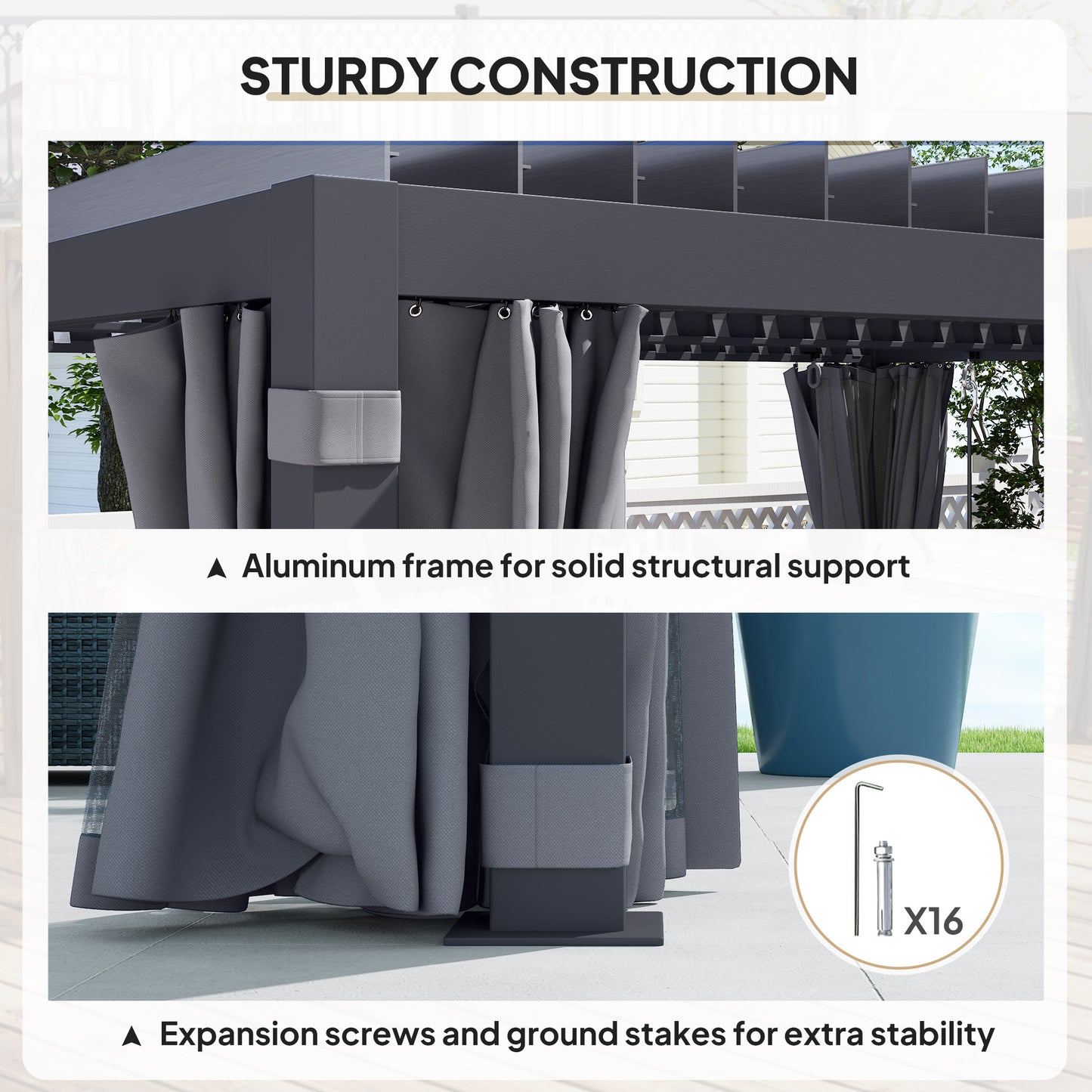 Outdoor Retractable Pergola with Louvered Roof and Curtains - Dark Gray