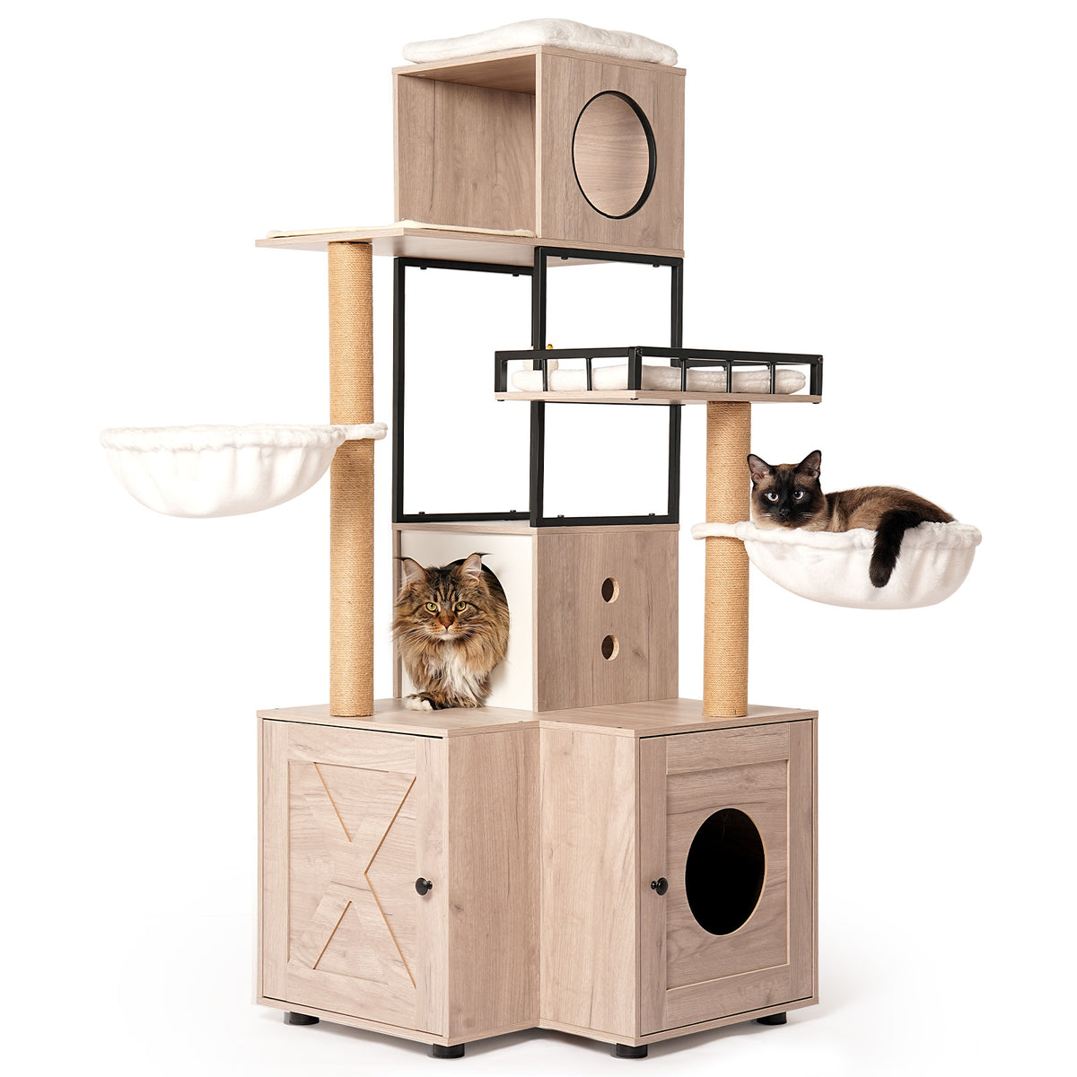 Multi-Functional Cat Tree with Litter Box, Scratching Posts & Washable Cushion - Rustic Gray
