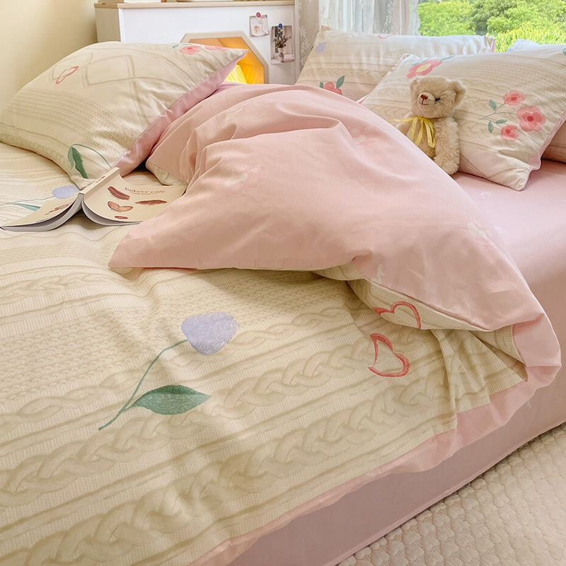 Summer Washable Cotton Bed Sheet Set - Four Piece Bedding for 150cm to 180cm Beds