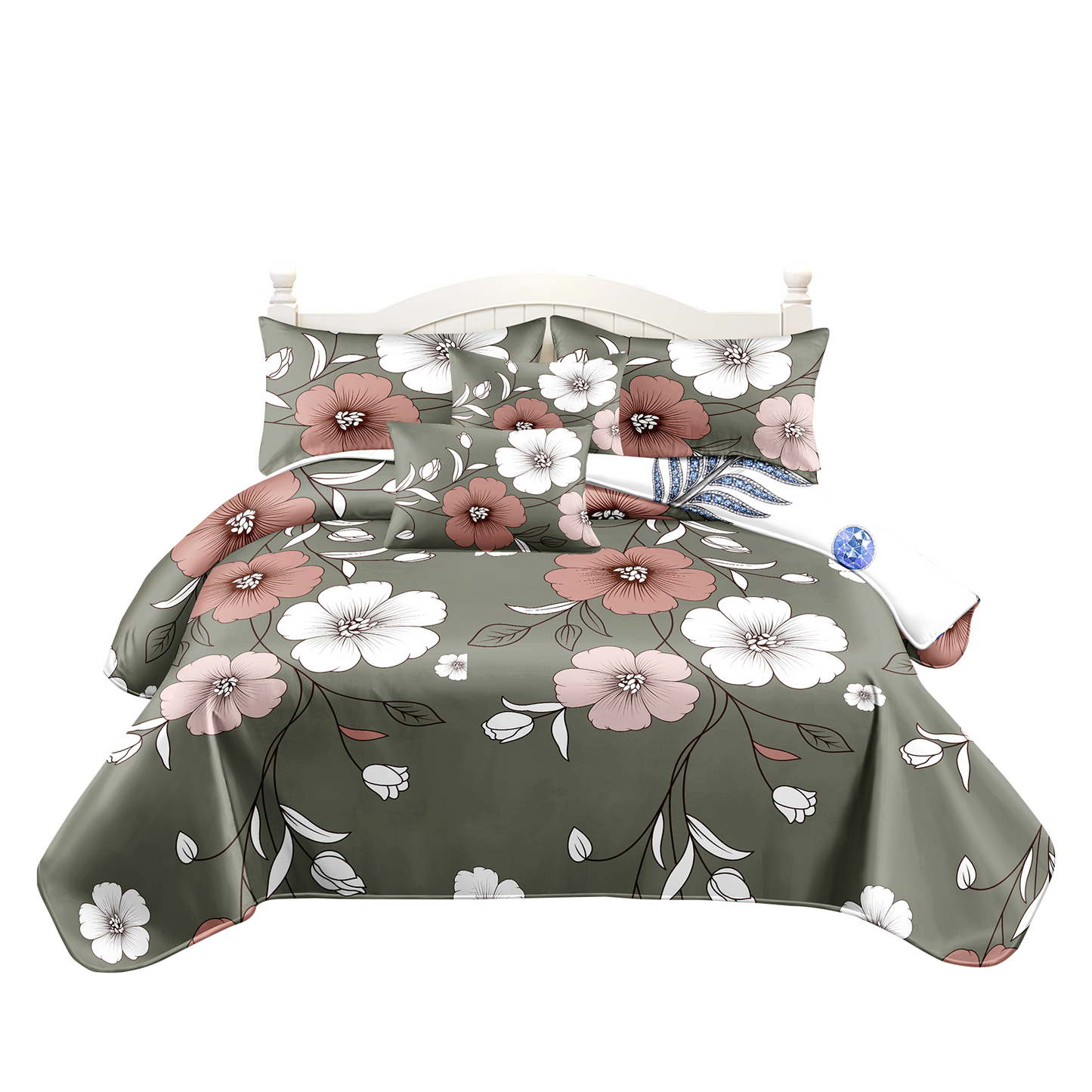 5-Piece Vintage Floral Duvet Cover Set - Sage Green