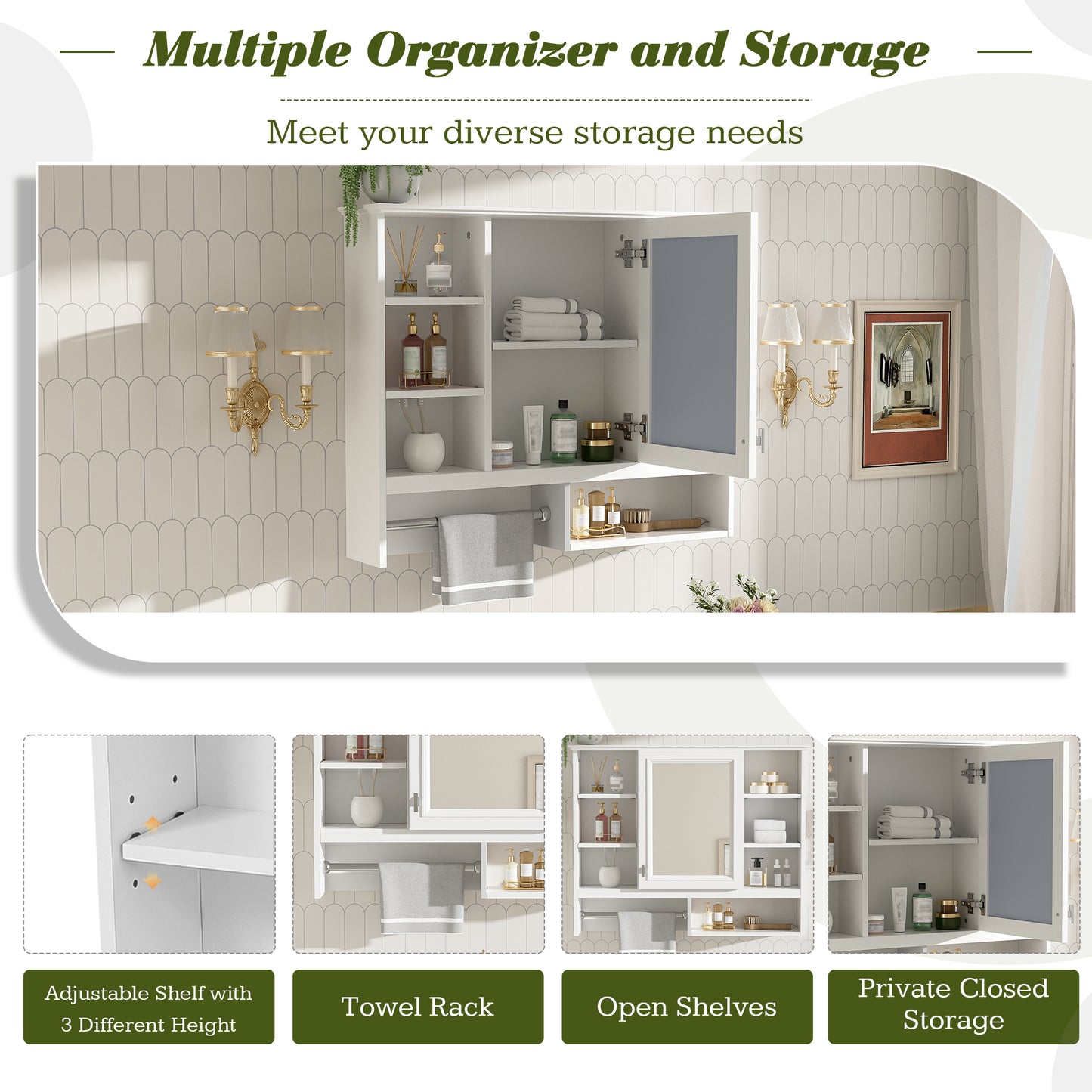 35 Inch Wall-Mount 2-in-1 Mirror Cabinet With Adjustable Shelves,