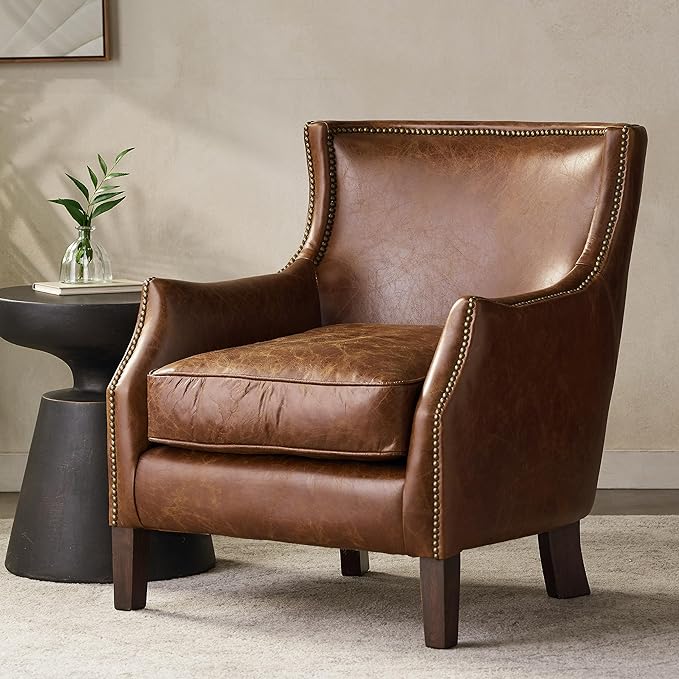 Genuine Leather Brown Single Sofa Chair - Vintage Style