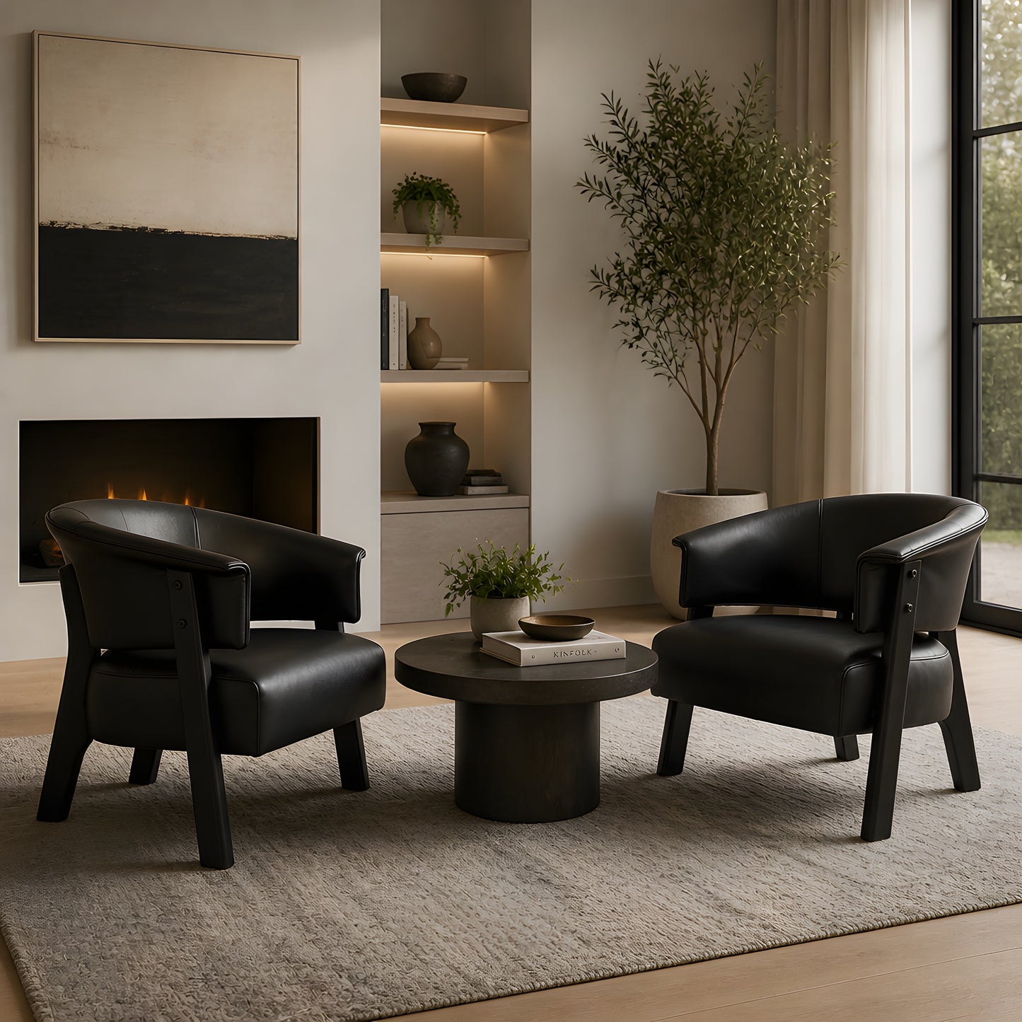 Faux Leather Wingback Accent Chairs Set of 2 - Black