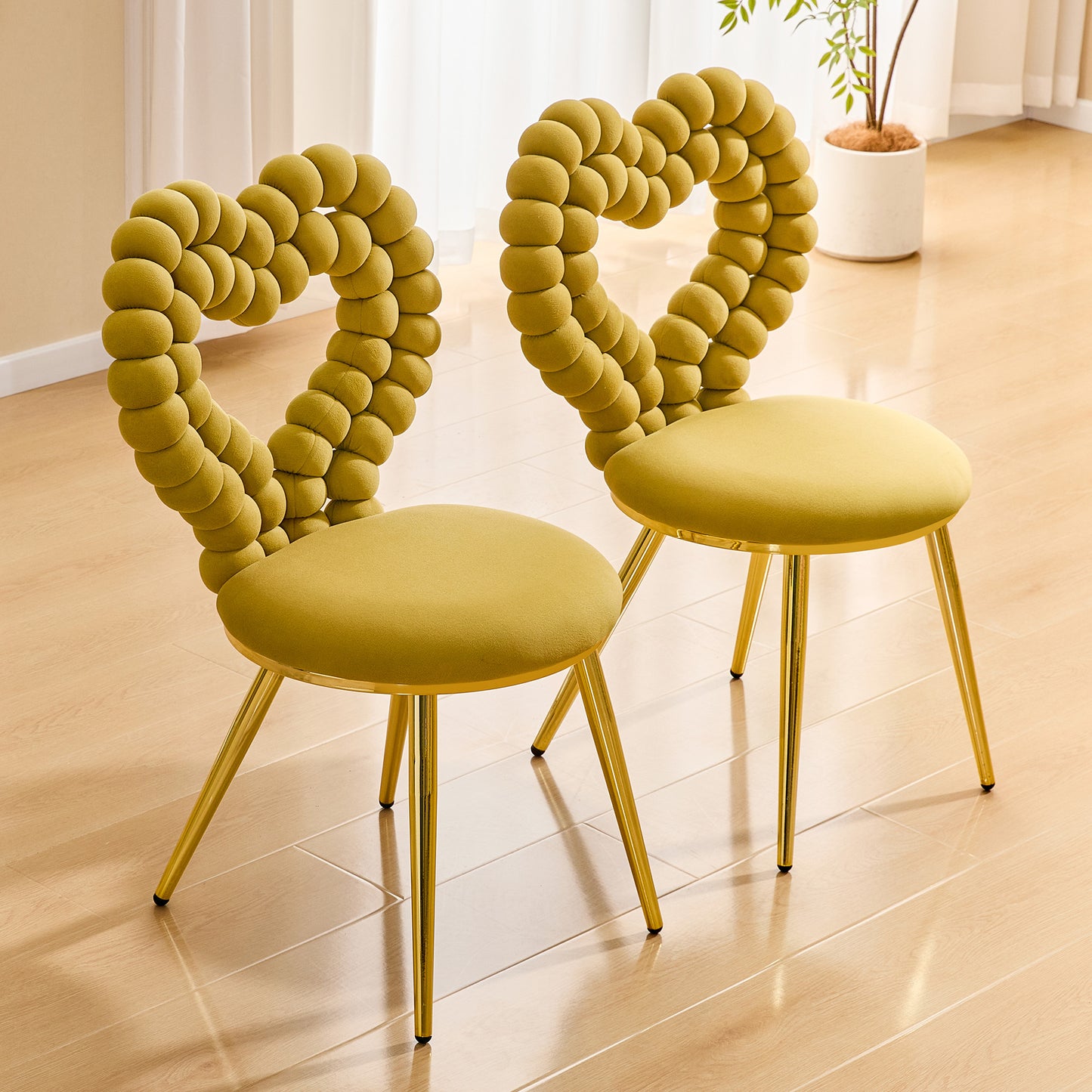 Set of 2 Heart Bubble Tufted Accent Chairs - Yellow Velvet