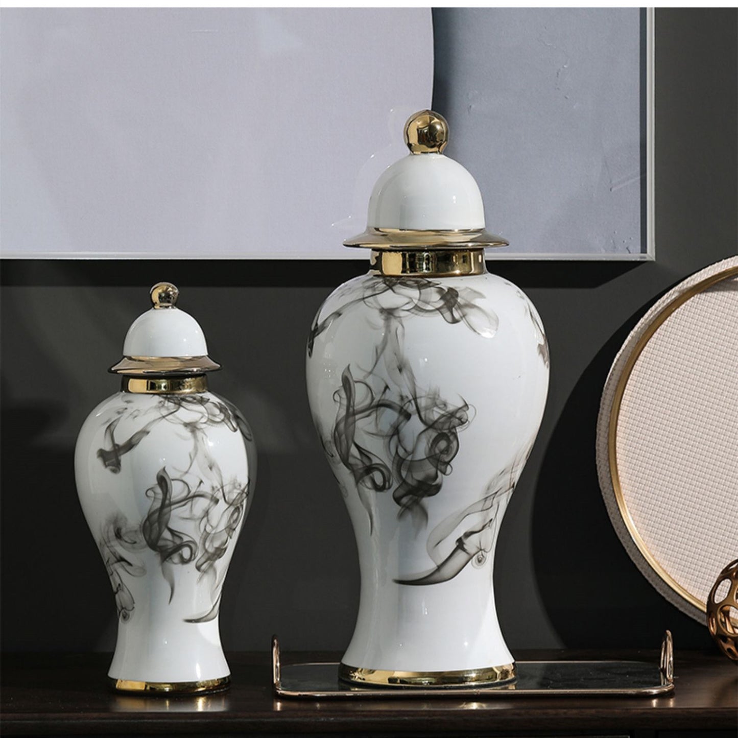 Ceramic Plant Pot with Ink Painting Design - Chinese Style Home Decor, Multiple Sizes
