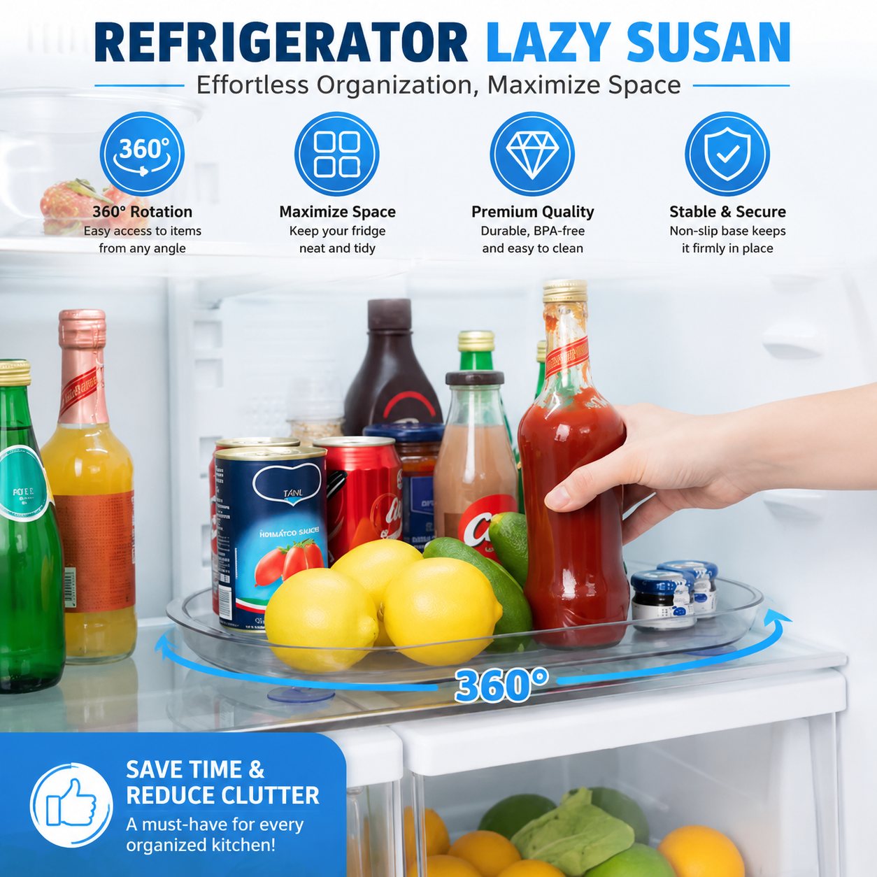 Rectangular Lazy Susan for Refrigerator - 360° Rotating Organizer, Space Saver