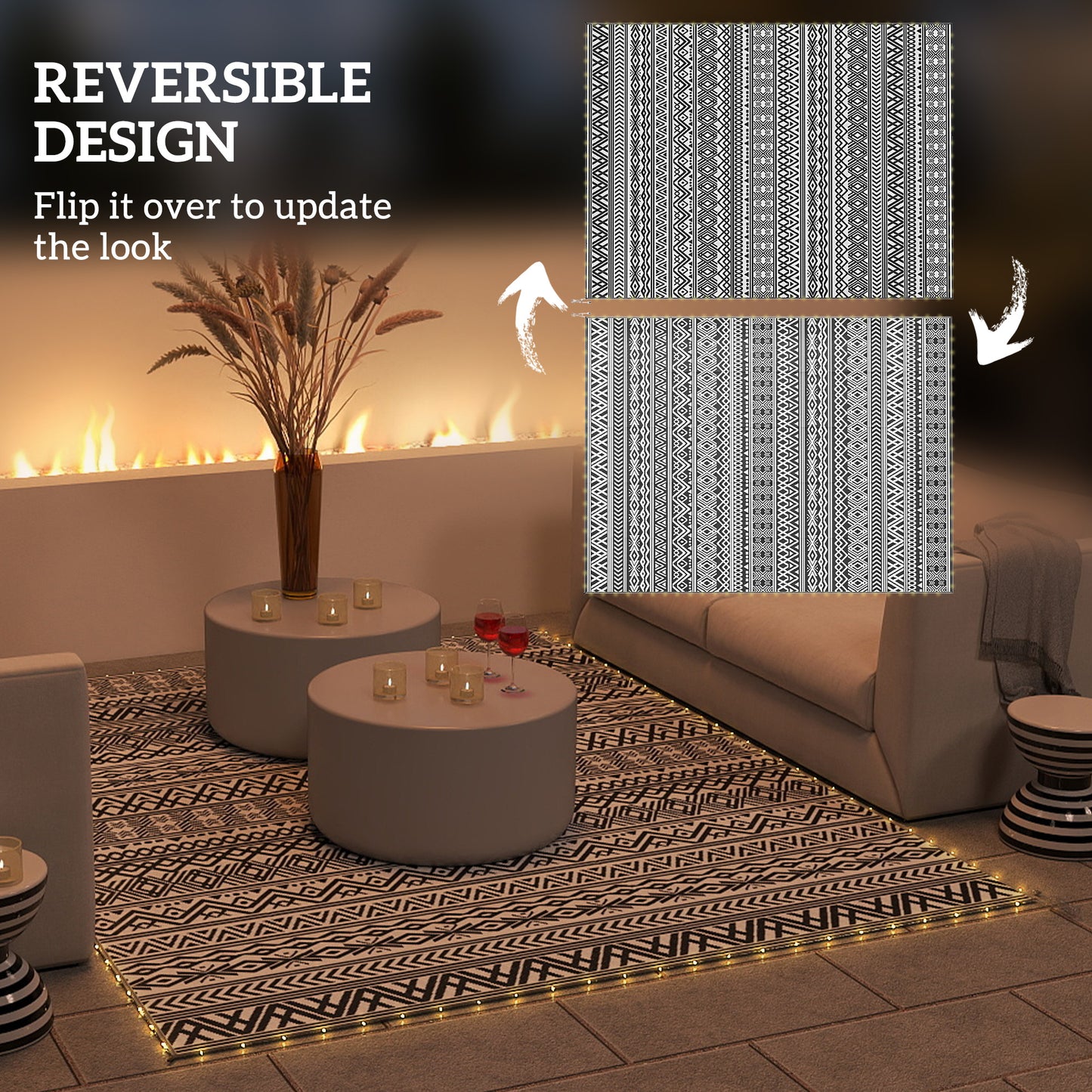 Outdoor Reversible Rug with USB String Lights - 12x9 ft