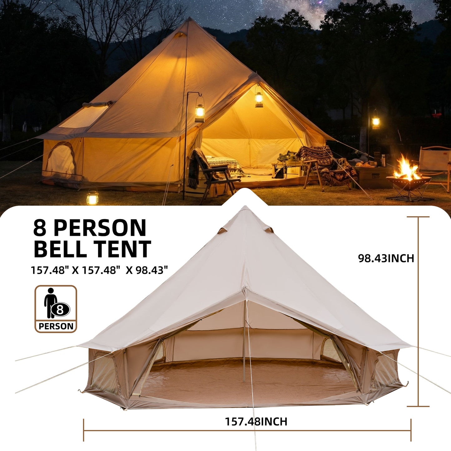 Beige 4-Season Bell Tent 13.1FT - Waterproof Family Camping Yurt