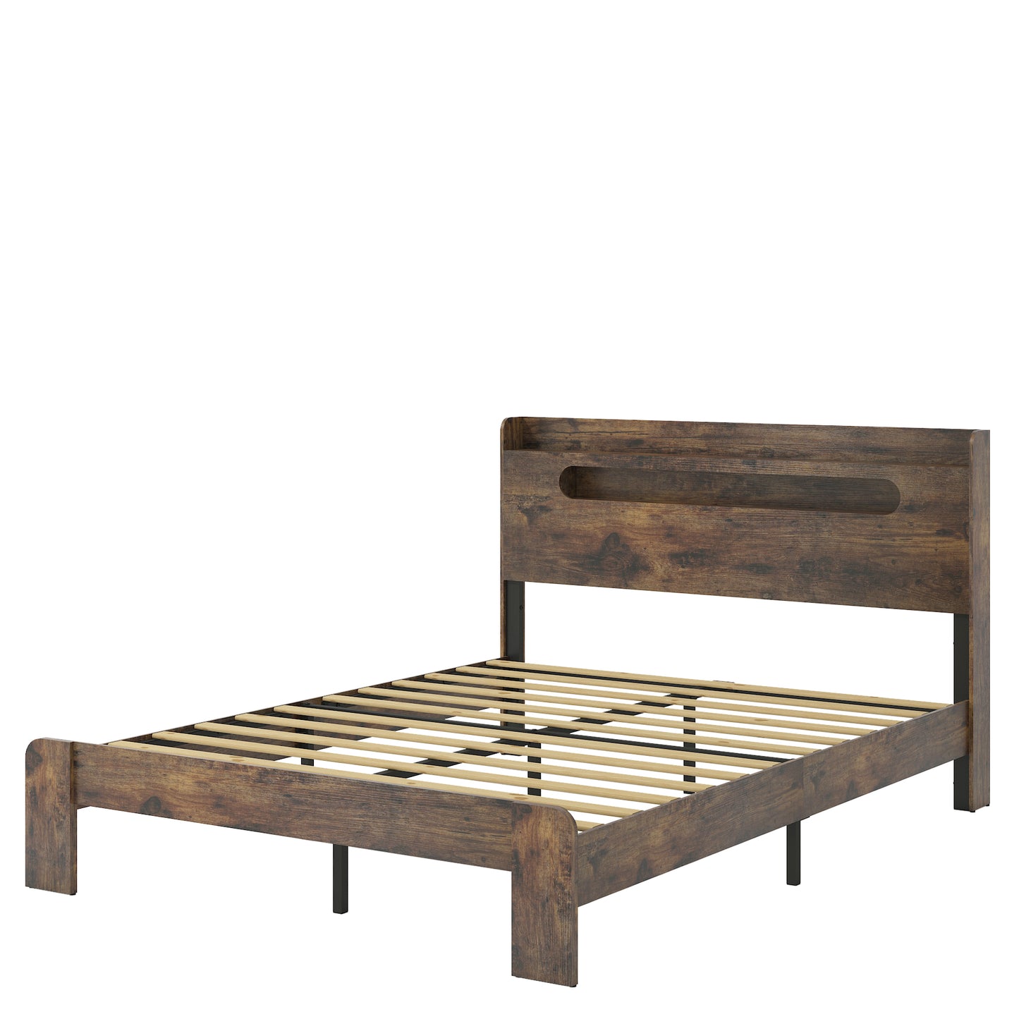 Queen Wood Platform Bed Frame with LED Headboard & USB Ports