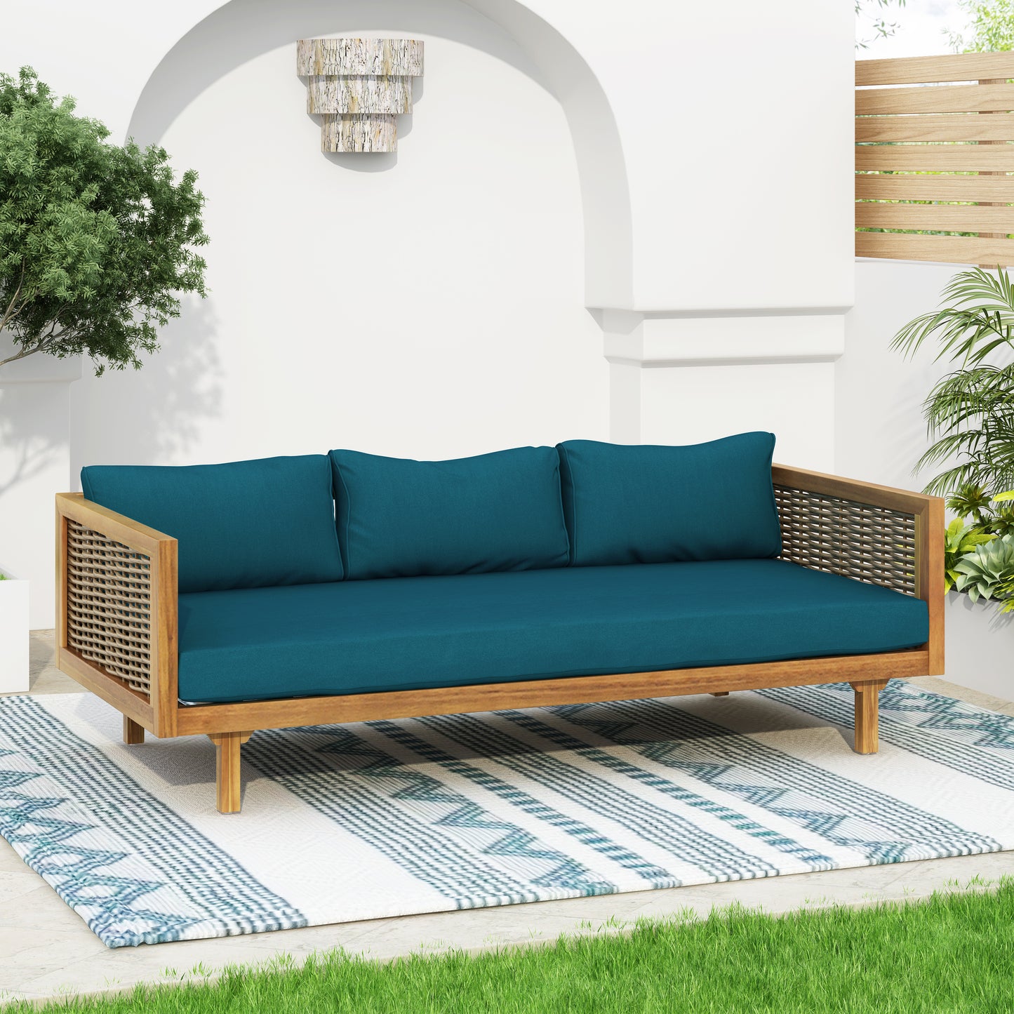 CLAREMONT 3 SEATER DAYBED WITH RATTAN ARMS TEAK CUSHION