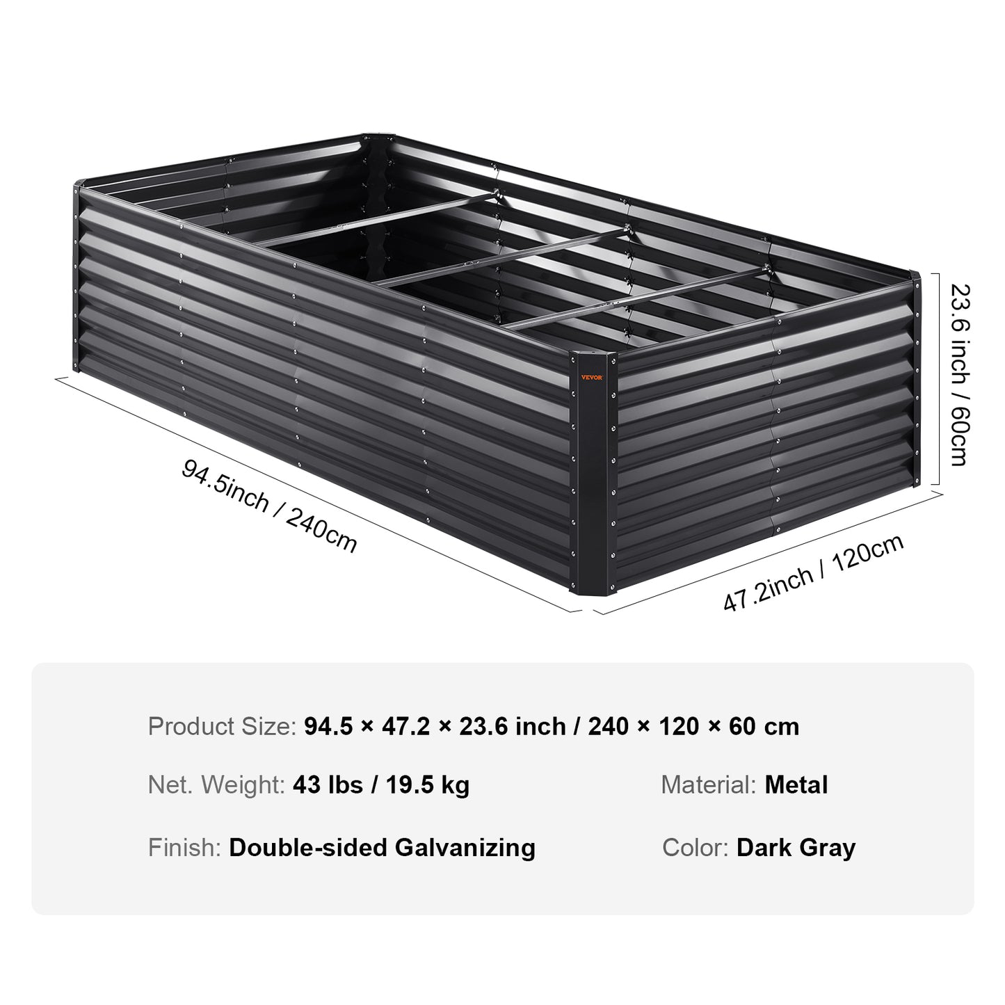 Galvanized Raised Garden Bed Planter Box 94.5x47.2x23.6 Inches for Vegetables and Flowers