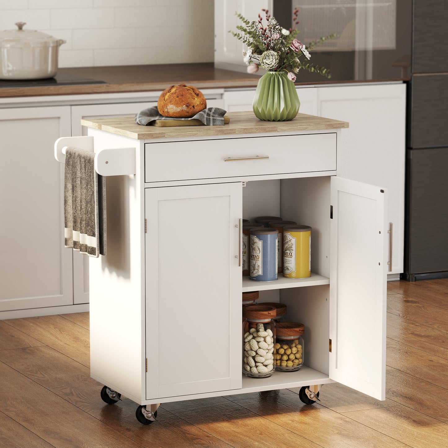 Rolling Kitchen Island Cart with Solid Wood Top & Storage - White