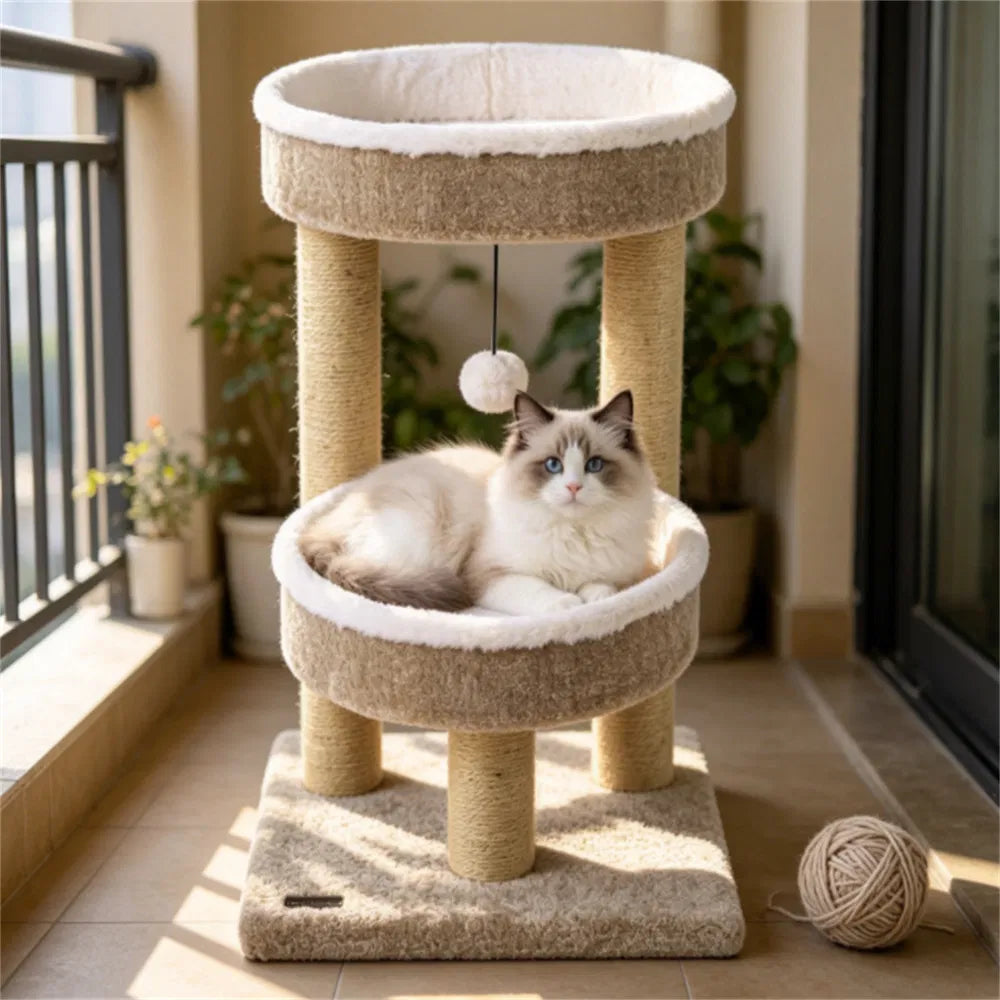 Compact Cat Tree with Plush Perches, Jute Scratching Posts & Hanging Toy Ball