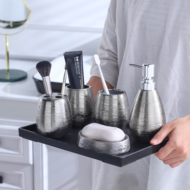 Handmade Vintage Ceramic Bathroom 5-Piece Set - Brushed Silver Finish