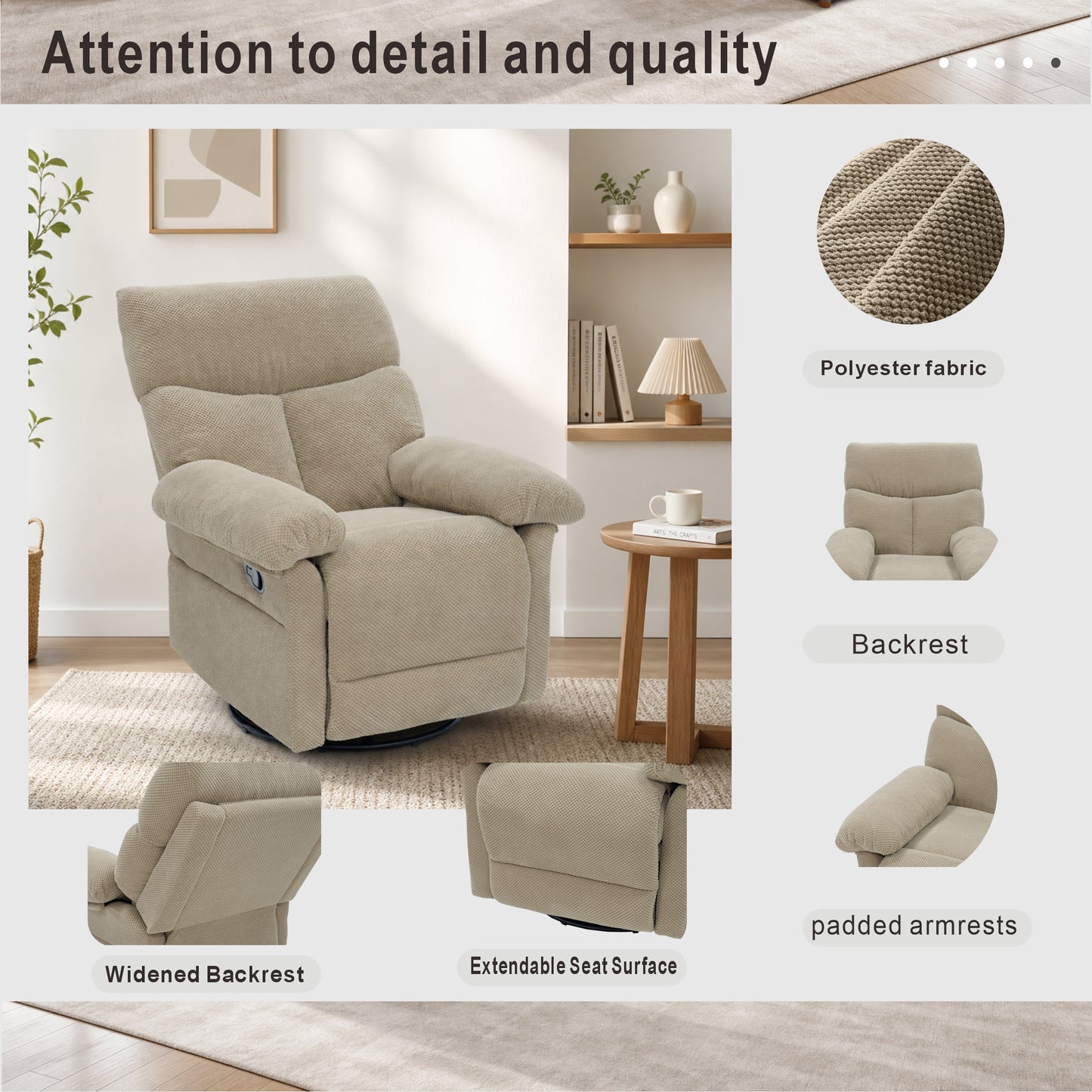Modern Swivel Rocker Recliner Chair - Camel Fabric Armchair
