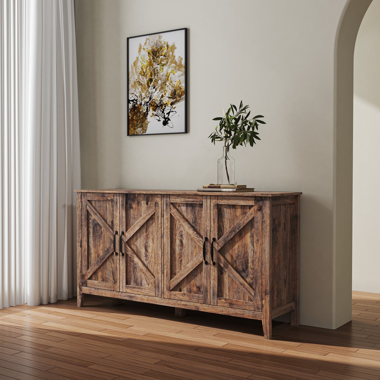 Espresso 4-Door Freestanding Storage Cabinet with Open Shelves