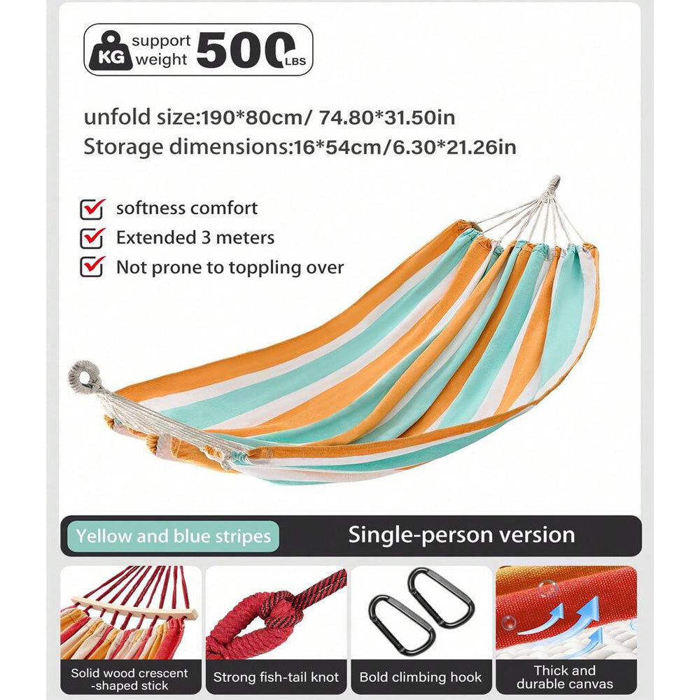 Portable Single Hammock with Wooden Spreader Bar - Max Load 500LBS