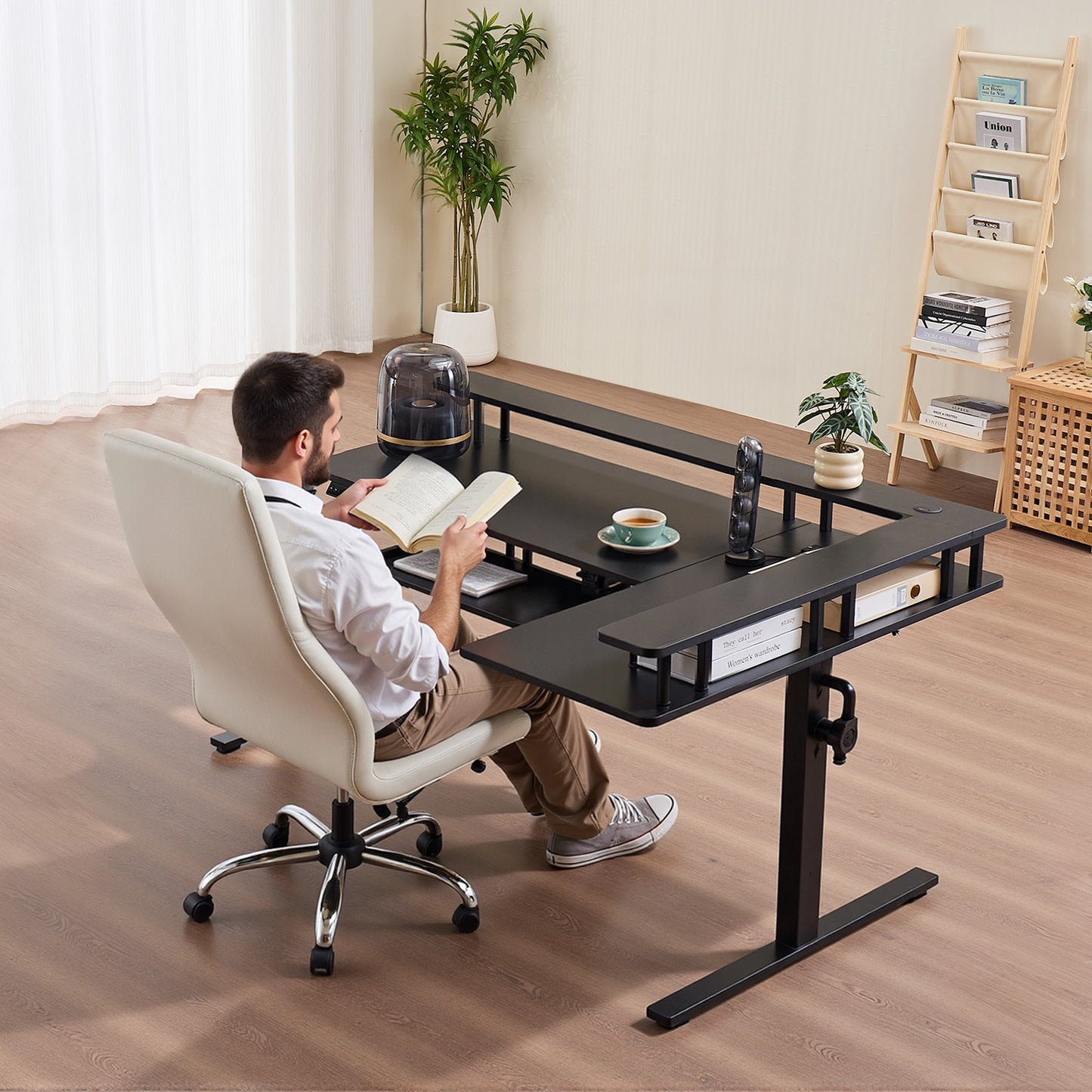 Electric Height Adjustable L-Shaped Corner Desk with Keyboard Tray