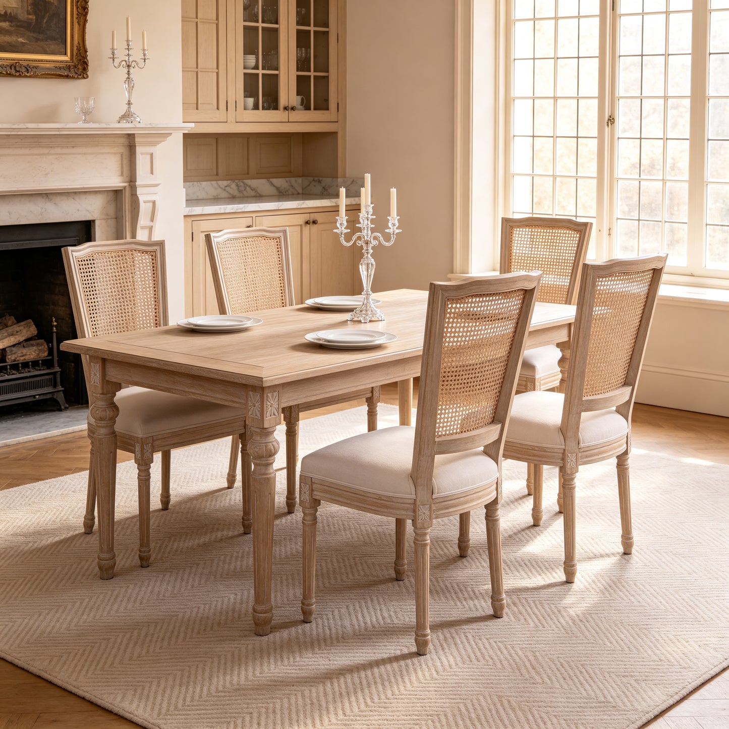 French Country Dining Chairs Set of 2 - Upholstered Rattan Back