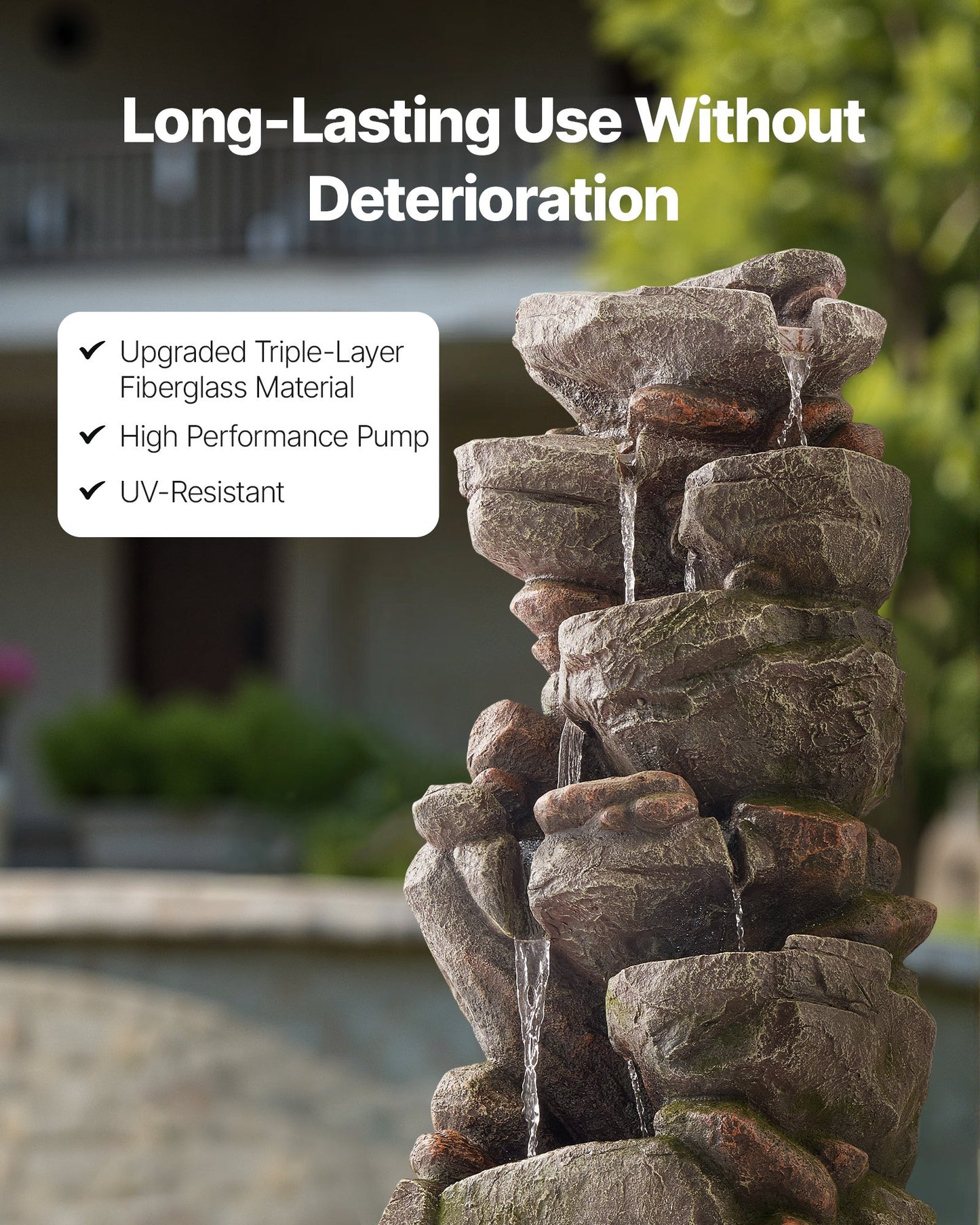 Outdoor 7-Tier Rock Water Fountain - Cascading Garden Decor with Soothing Sounds - Grey