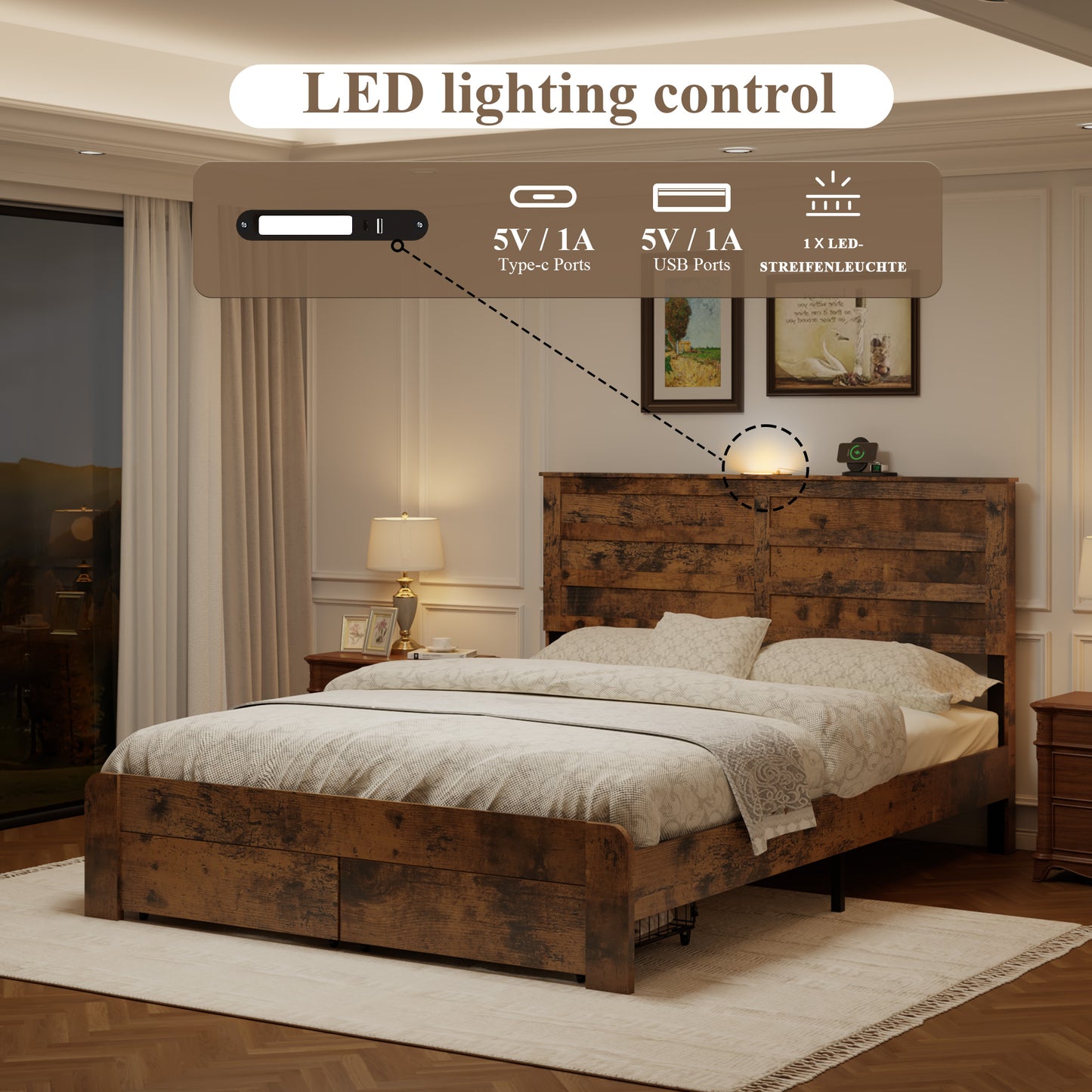Full Rustic Platform Bed Frame with LED Headboard & Storage