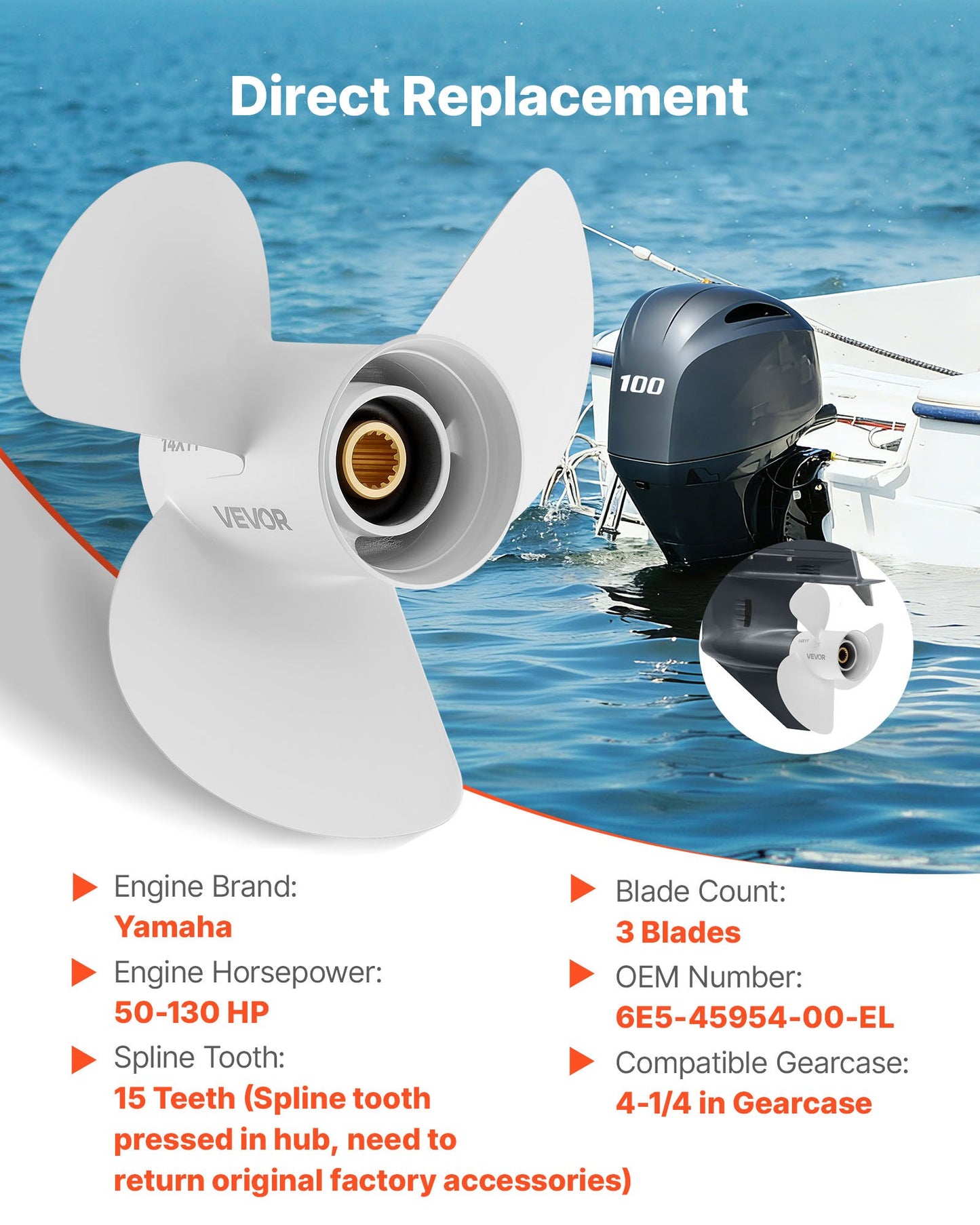 Outboard Boat Propeller 3-Blade RH Fit Yamaha 50-130 HP Aluminum Replacement