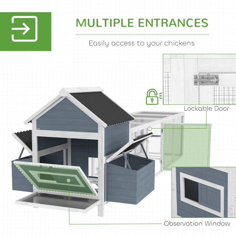 Large Wooden Chicken Coop with Run, Nesting Boxes & Waterproof Roof - Light Gray