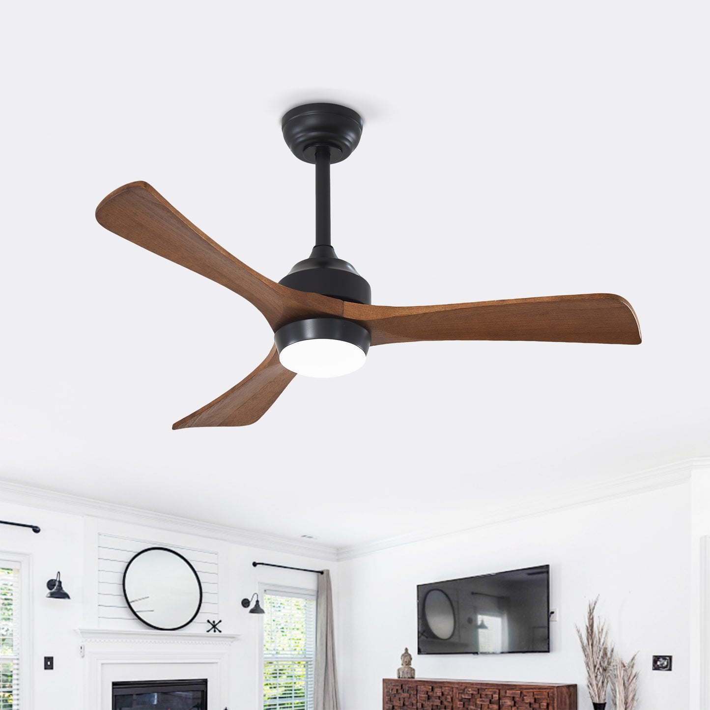 42" Matte Black Wood Blade Ceiling Fan with Remote Control & Lights