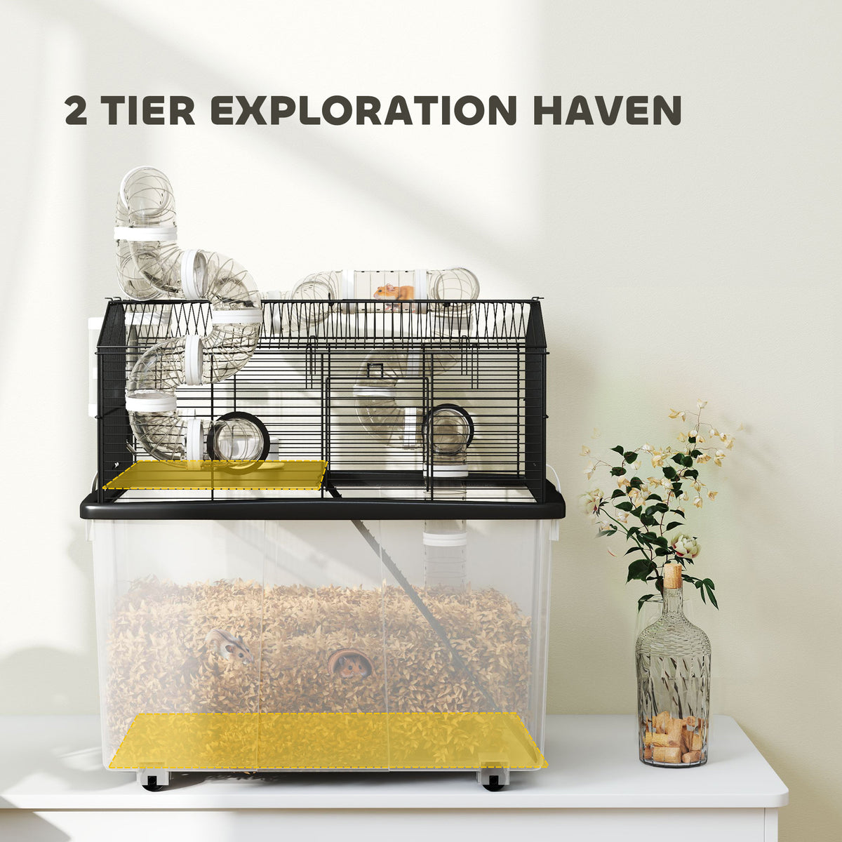 2-Tier Hamster Cage with Deep Tray, Tube System, Water Bottle & Ramp - Black