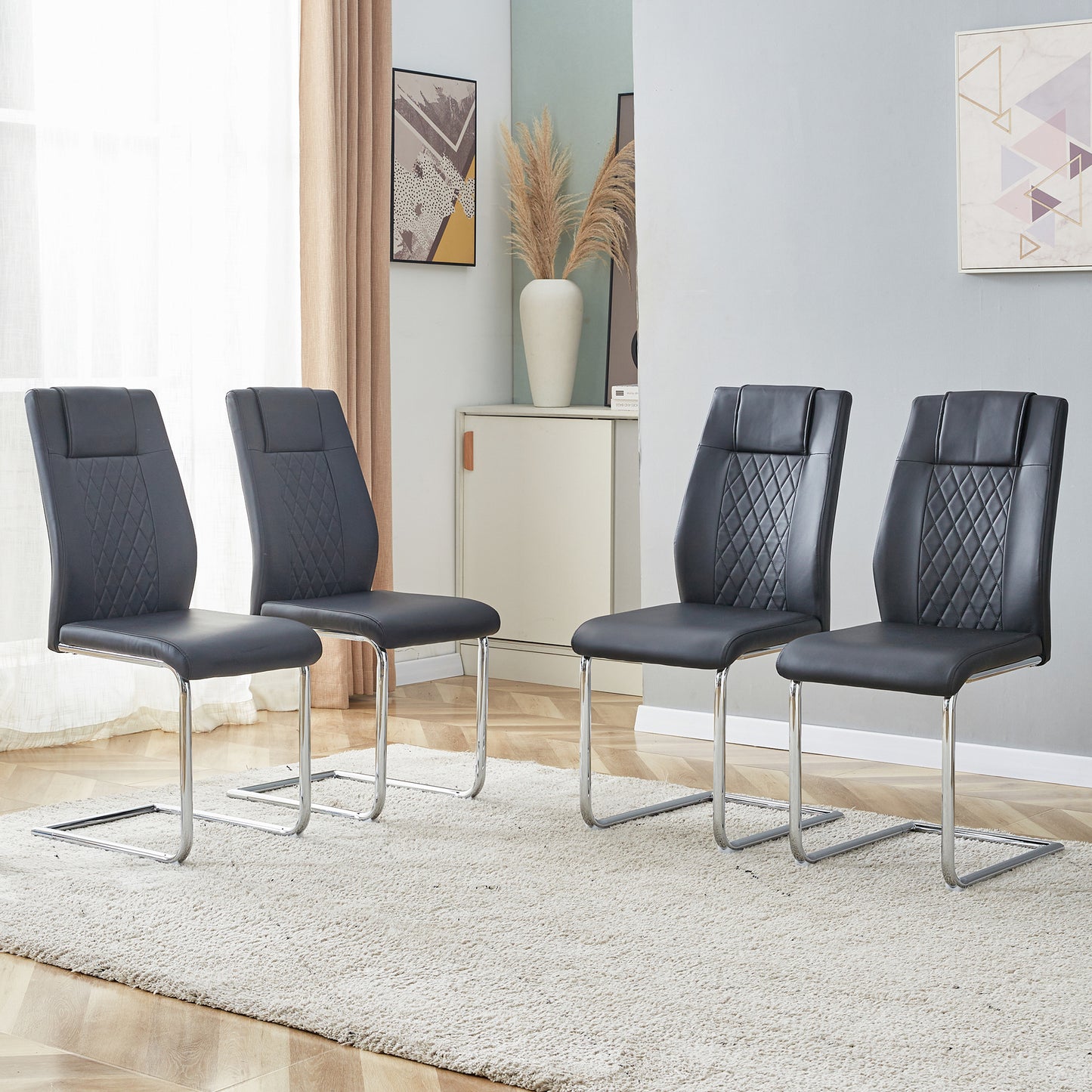 Modern Dining Chairs Set of 8 - Black Faux Leather Upholstered