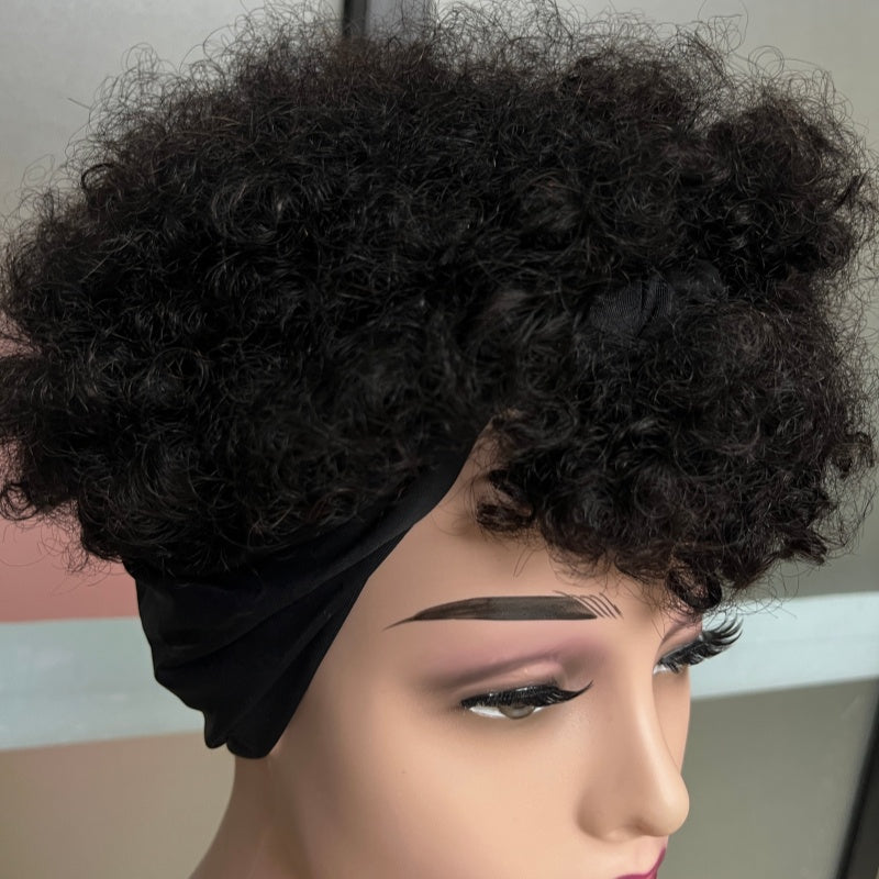 Short Afro Kinky Curly Synthetic Wig with Attached Headband - Model CC003