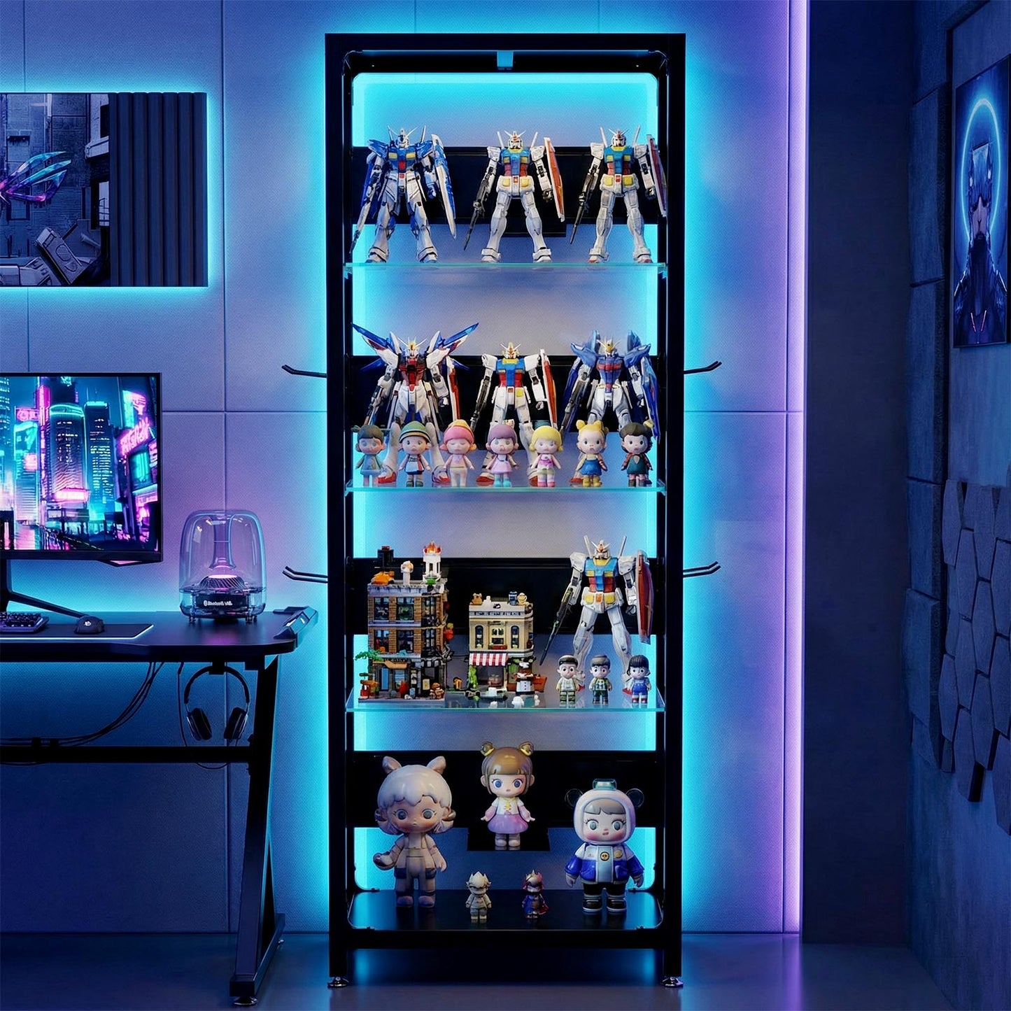 4-Tier Glass Display Shelf with RGB Lights - Black