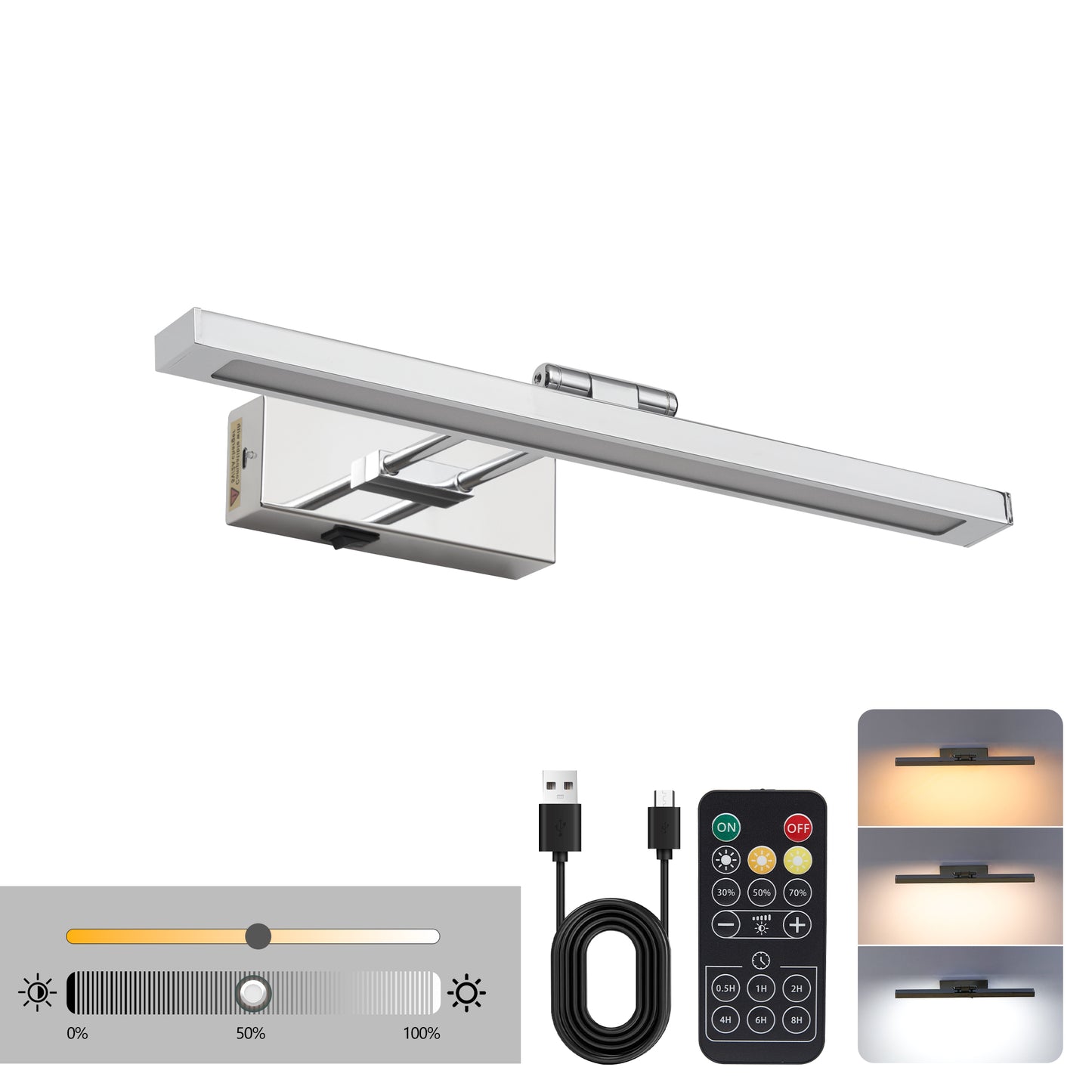 Wireless Battery-Operated Picture Light with Remote, 16 Inch Chrome Wall Sconce for Artwork
