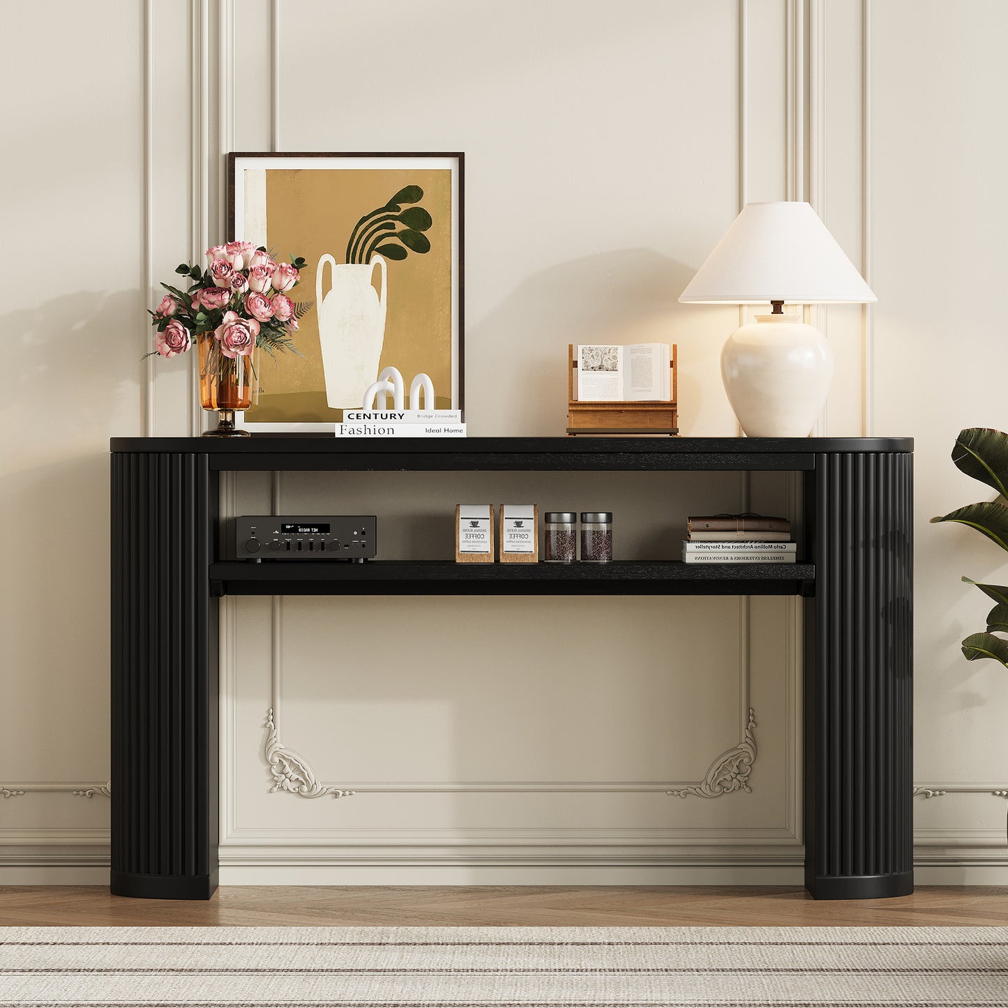 Rustic Console Table with Fluted Legs - Vintage Oval Sofa Table