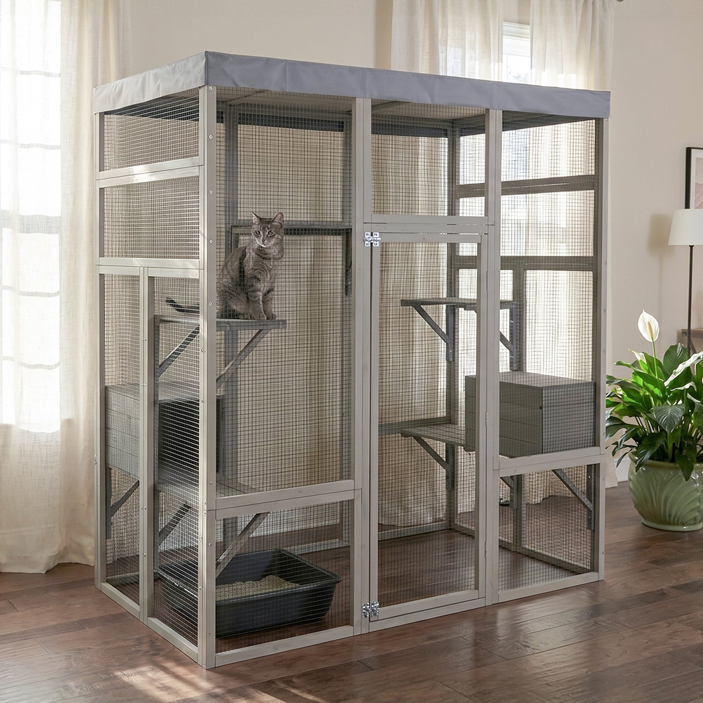 Gray Wooden Cat Enclosure with Waterproof Top, 2 Napping Boxes, Spacious & Secure