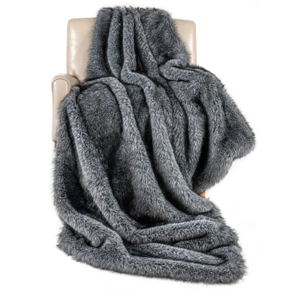 Gray Faux Wolf Fur Throw Blanket - Soft Fleece, 60"x80"
