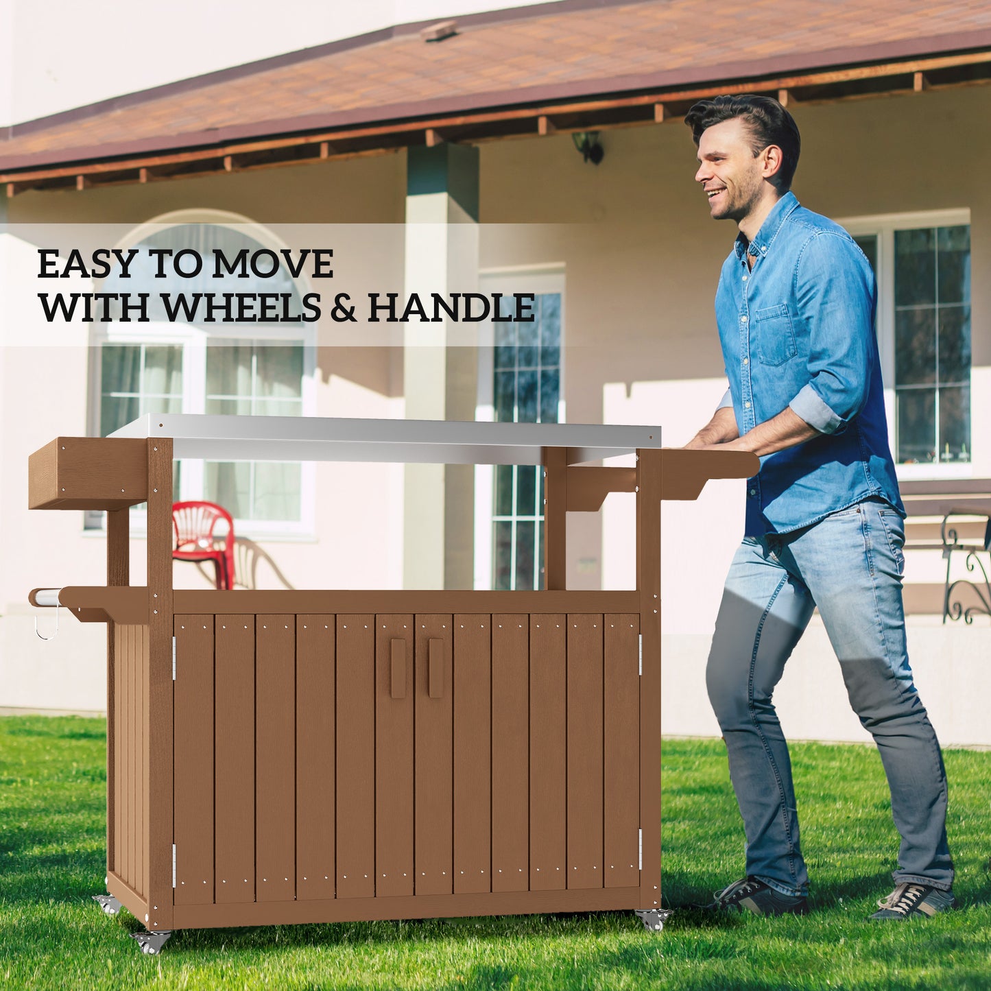 Outdoor Bar Cart with Stainless Steel Top & Storage - Brown