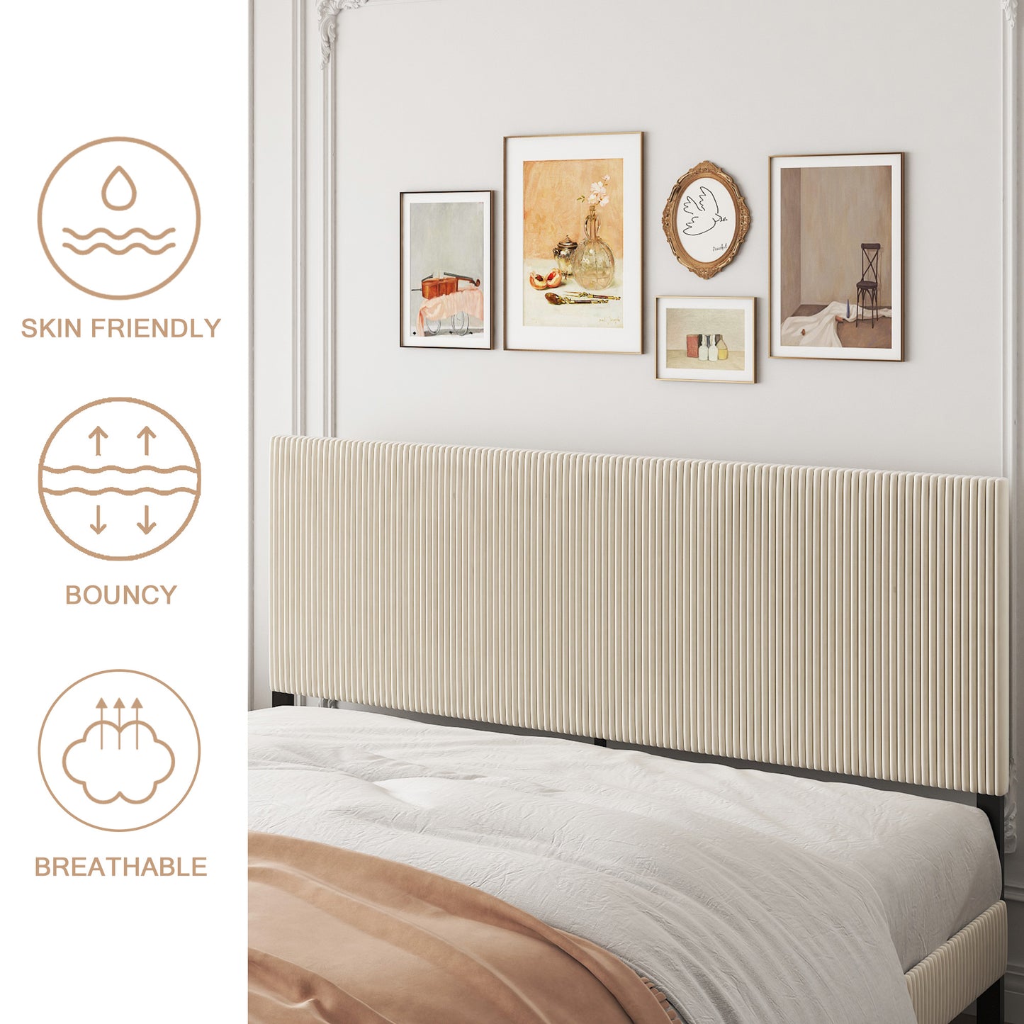 King Platform Bed Frame with Upholstered Headboard - Beige