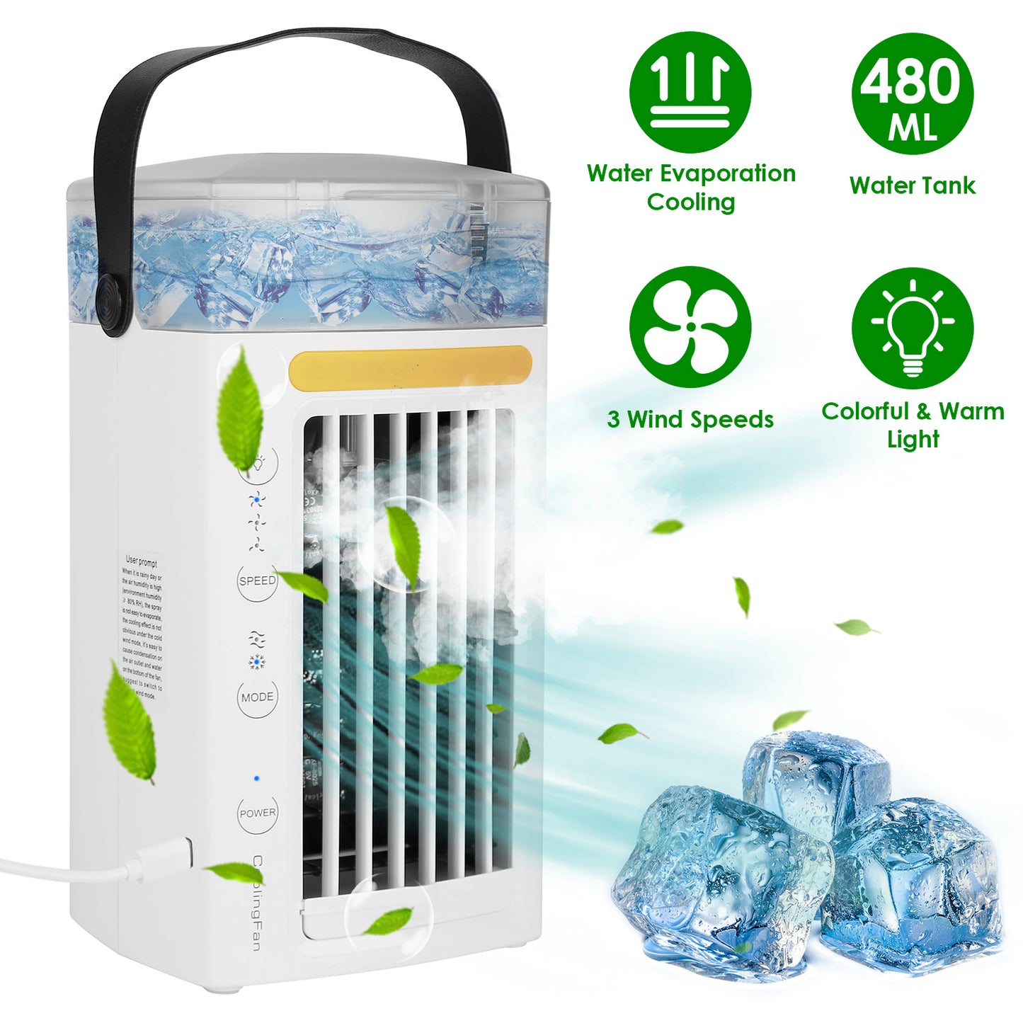 Portable Air Conditioner Fan - 4 in 1 Evaporative Cooler with 3 Speeds & Nightlight