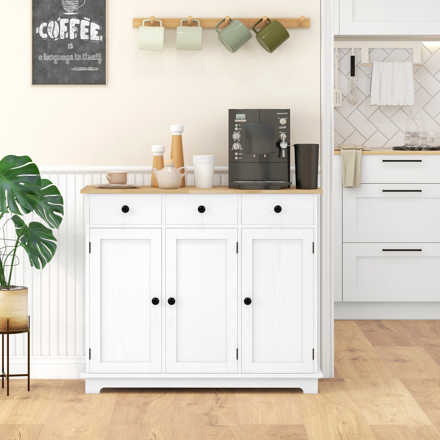 Kitchen Storage Cabinet with Adjustable Shelf & 3 Drawers - Distressed White