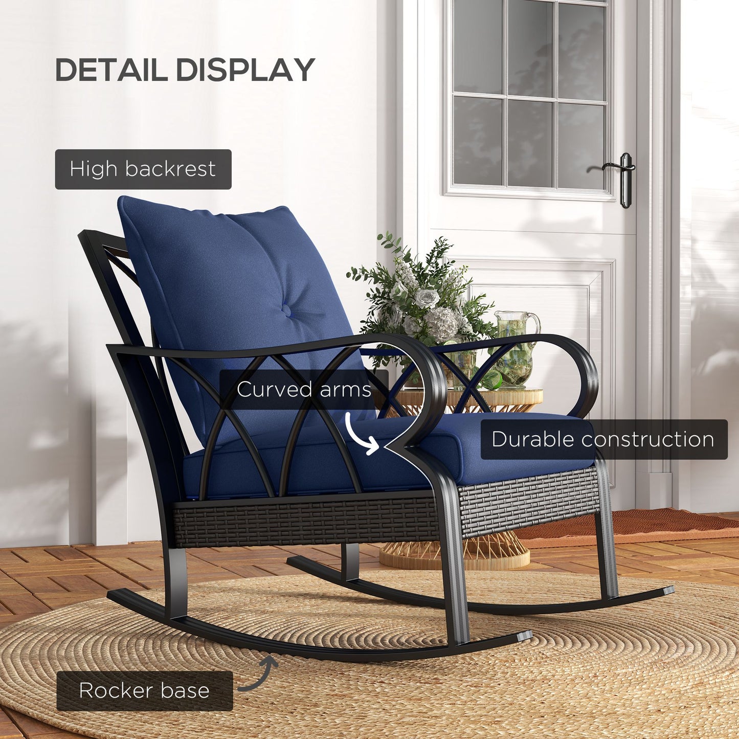 Navy Blue Outdoor Wicker Rocking Chair with Cushions