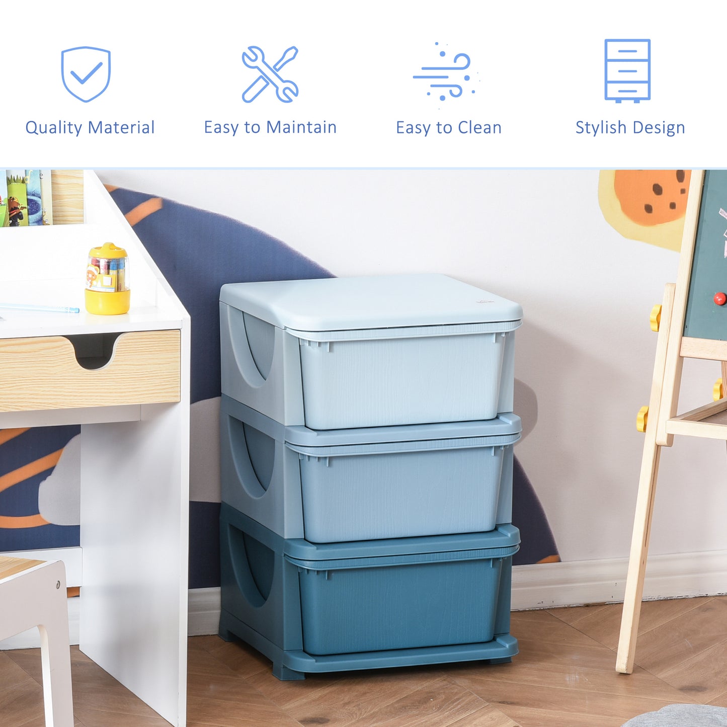 3 Tier Kids Toy Storage Organizer With Drawers, Blue, Chest For