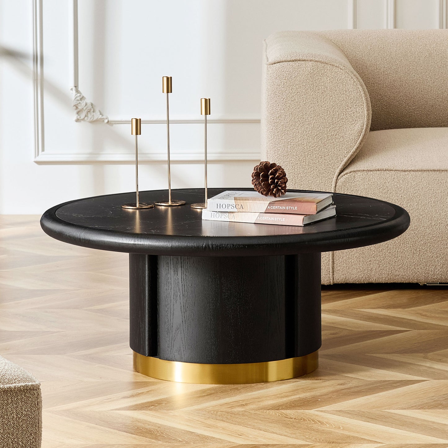 Round Coffee Table with Sintered Stone Top - Black