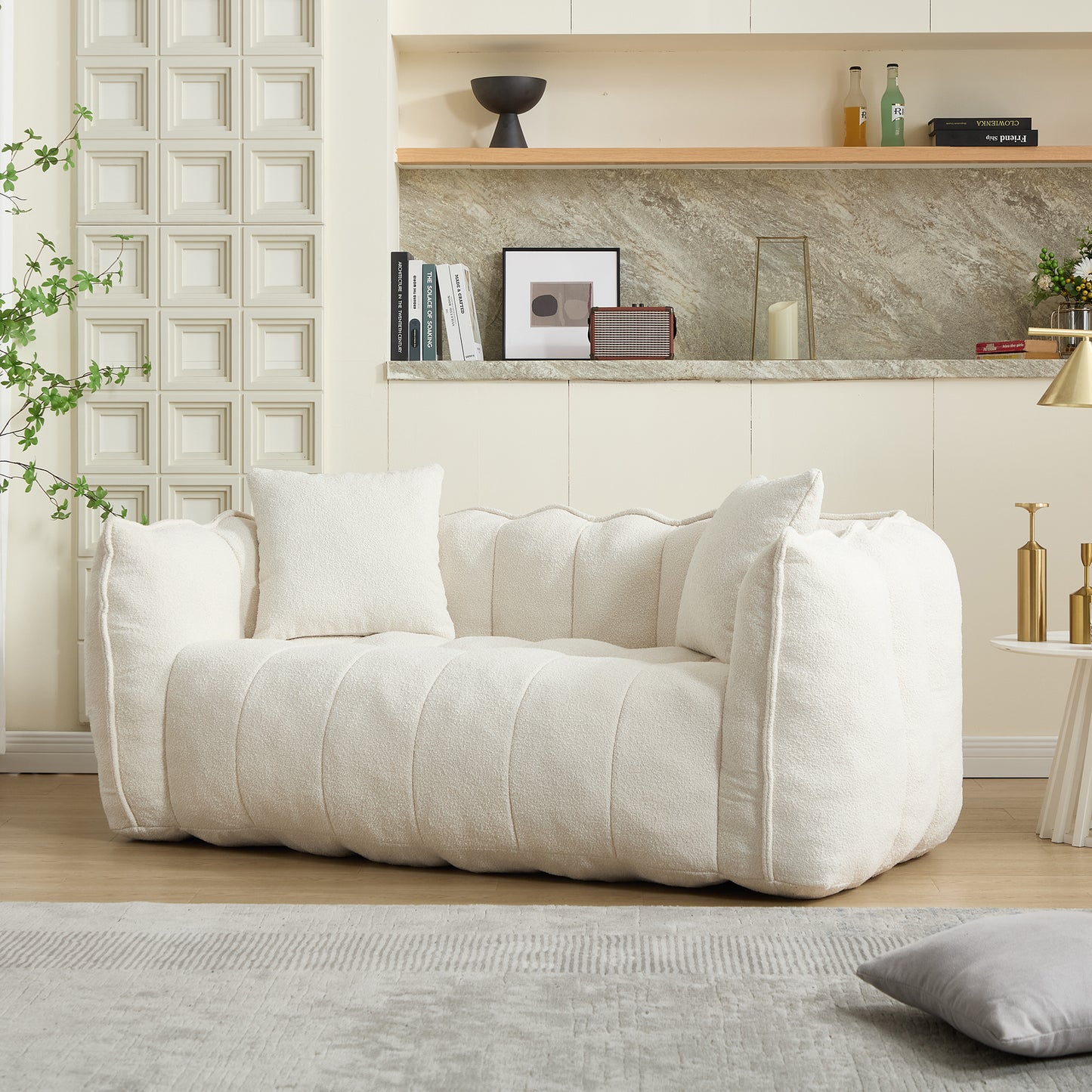 Comfortable Beanbag Chair for Two - Beige Chenille Sofa